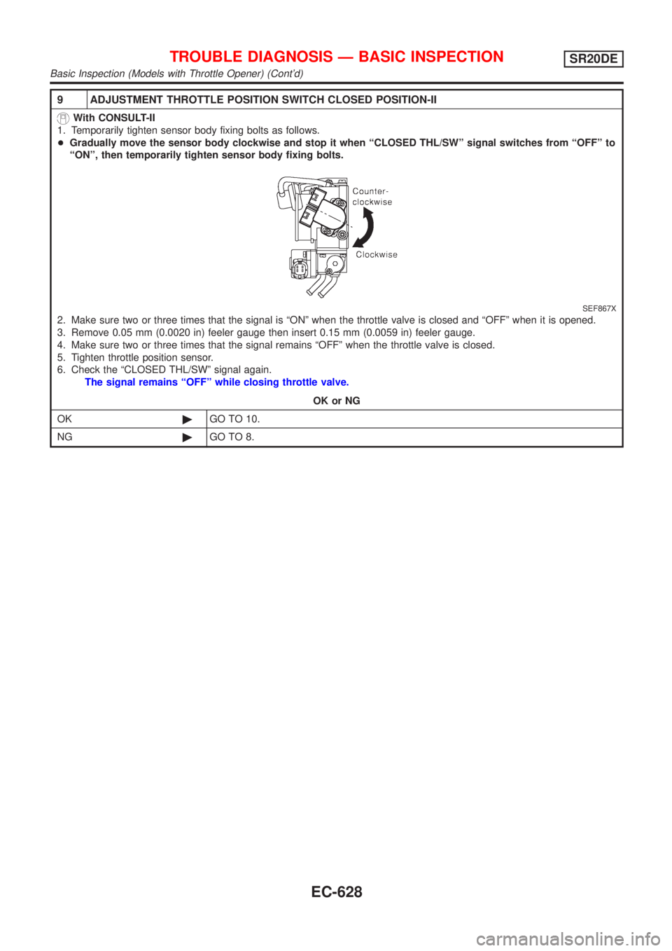 NISSAN ALMERA TINO 2001  Service Repair Manual 9 ADJUSTMENT THROTTLE POSITION SWITCH CLOSED POSITION-II
With CONSULT-II
1. Temporarily tighten sensor body fixing bolts as follows.
+Gradually move the sensor body clockwise and stop it when ªCLOSED