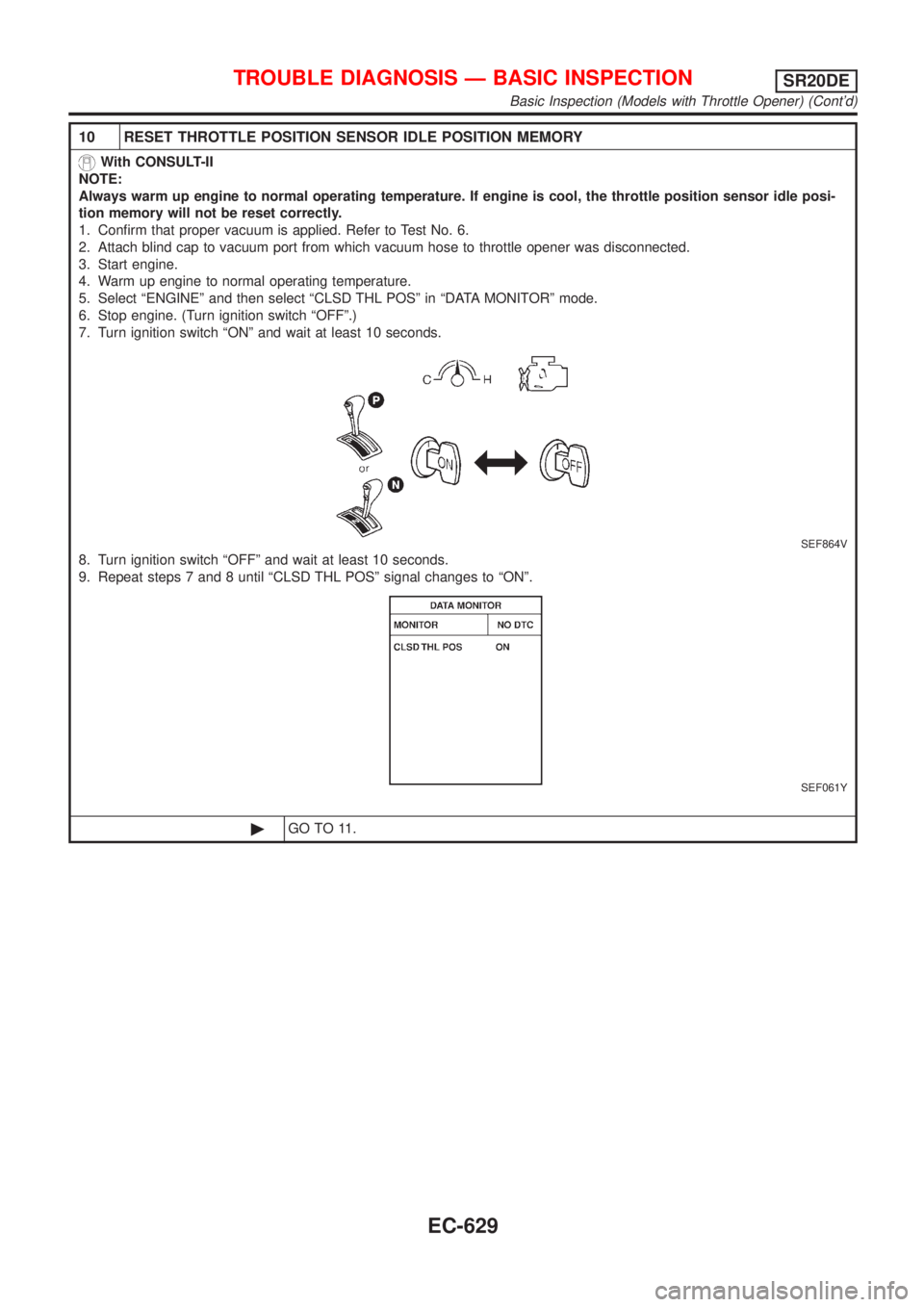 NISSAN ALMERA TINO 2001  Service Repair Manual 10 RESET THROTTLE POSITION SENSOR IDLE POSITION MEMORY
With CONSULT-II
NOTE:
Always warm up engine to normal operating temperature. If engine is cool, the throttle position sensor idle posi-
tion memo