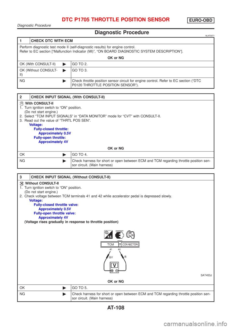 NISSAN ALMERA TINO 2001  Service Repair Manual Diagnostic ProcedureNLAT0071
1 CHECK DTC WITH ECM
Perform diagnostic test mode II (self-diagnostic results) for engine control.
Refer to EC section [ªMalfunction Indicator (MI)º, ªON BOARD DIAGNOST