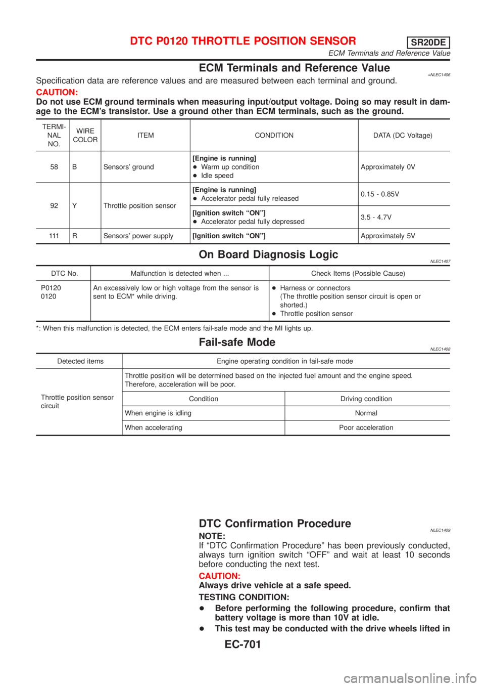 NISSAN ALMERA TINO 2001  Service Repair Manual ECM Terminals and Reference Value=NLEC1406Specification data are reference values and are measured between each terminal and ground.
CAUTION:
Do not use ECM ground terminals when measuring input/outpu