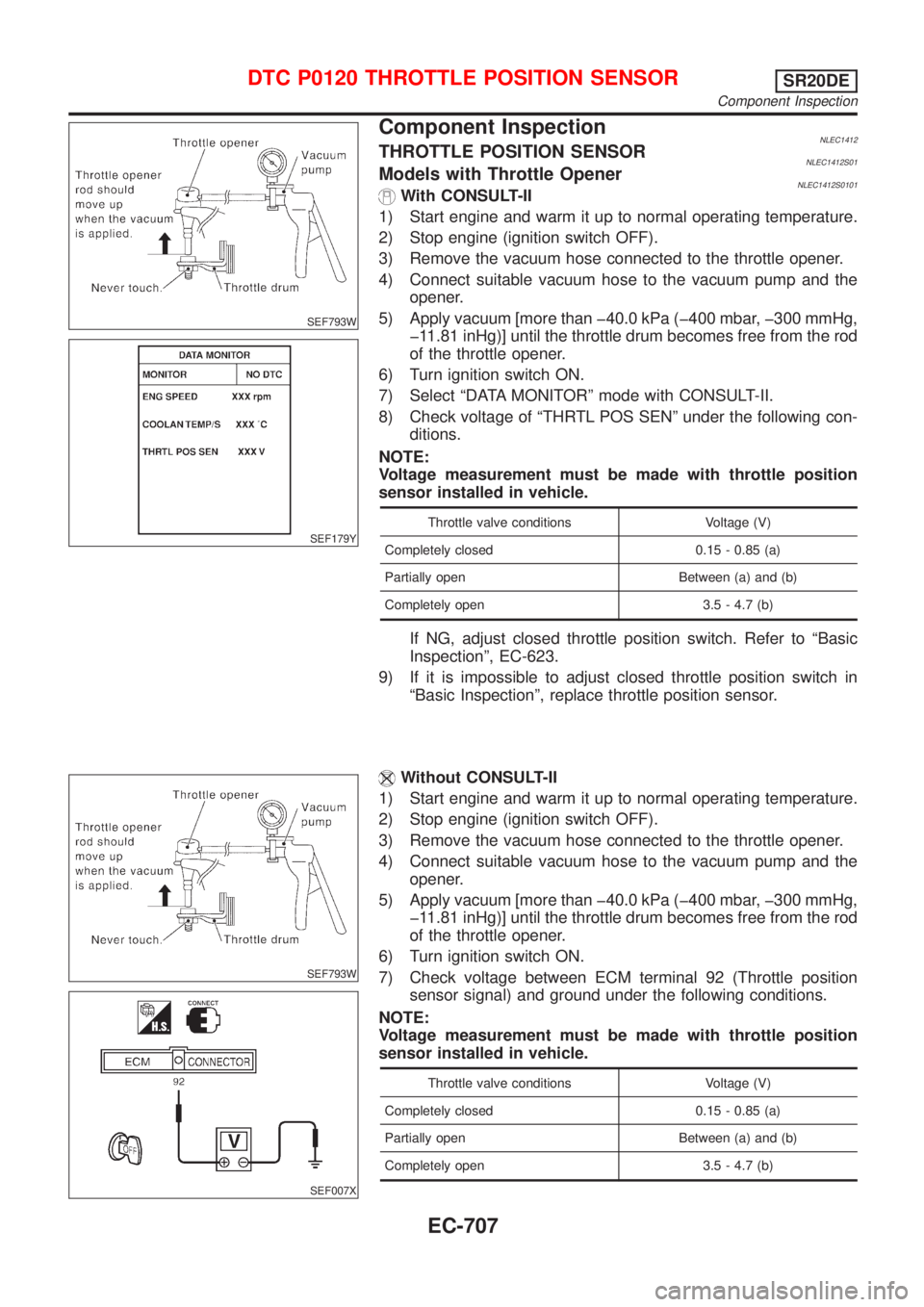NISSAN ALMERA TINO 2001 Service Repair Manual SEF793W
SEF179Y
Component InspectionNLEC1412THROTTLE POSITION SENSORNLEC1412S01Models with Throttle OpenerNLEC1412S0101With CONSULT-II
1) Start engine and warm it up to normal operating temperature.
2 NISSAN ALMERA TINO 2001 Service Repair Manual SEF793W
SEF179Y
Component InspectionNLEC1412THROTTLE POSITION SENSORNLEC1412S01Models with Throttle OpenerNLEC1412S0101With CONSULT-II
1) Start engine and warm it up to normal operating temperature.
2