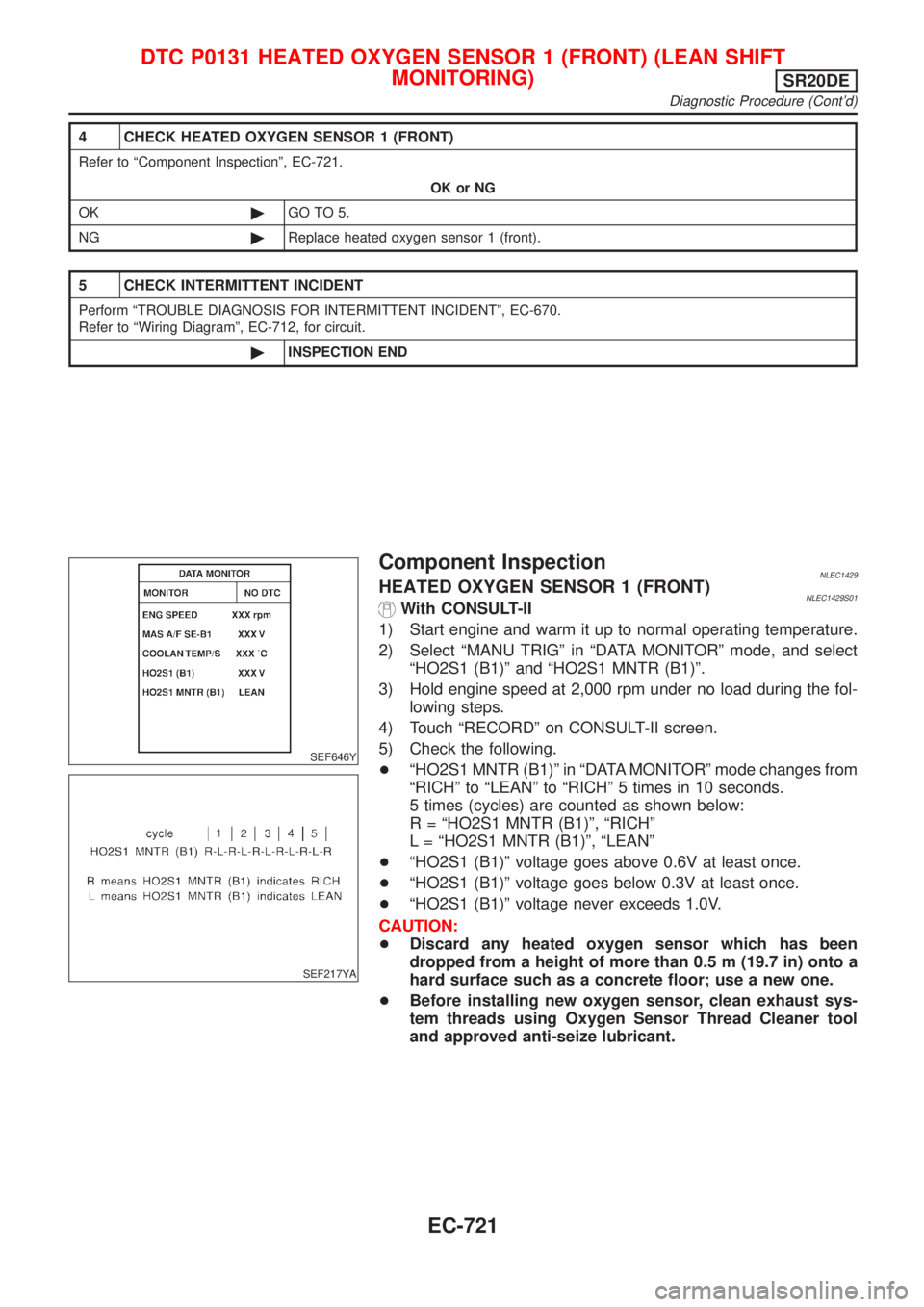 NISSAN ALMERA TINO 2001 Service Repair Manual 4 CHECK HEATED OXYGEN SENSOR 1 (FRONT)
Refer to ªComponent Inspectionº, EC-721.
OK or NG
OK©GO TO 5.
NG©Replace heated oxygen sensor 1 (front).
5 CHECK INTERMITTENT INCIDENT
Perform ªTROUBLE DIAG NISSAN ALMERA TINO 2001 Service Repair Manual 4 CHECK HEATED OXYGEN SENSOR 1 (FRONT)
Refer to ªComponent Inspectionº, EC-721.
OK or NG
OK©GO TO 5.
NG©Replace heated oxygen sensor 1 (front).
5 CHECK INTERMITTENT INCIDENT
Perform ªTROUBLE DIAG