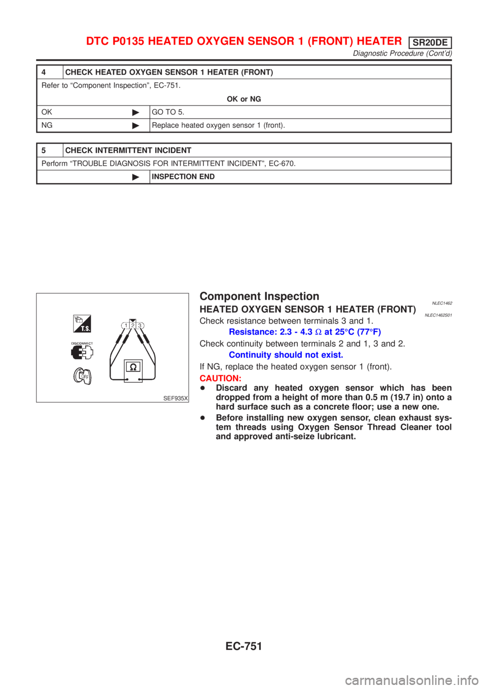 NISSAN ALMERA TINO 2001  Service Repair Manual 4 CHECK HEATED OXYGEN SENSOR 1 HEATER (FRONT)
Refer to ªComponent Inspectionº, EC-751.
OK or NG
OK©GO TO 5.
NG©Replace heated oxygen sensor 1 (front).
5 CHECK INTERMITTENT INCIDENT
Perform ªTROUB