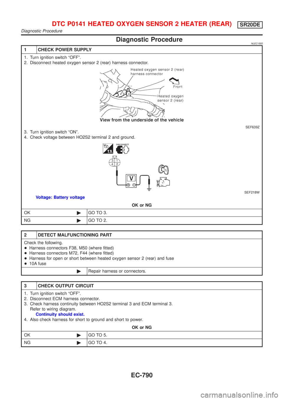 NISSAN ALMERA TINO 2001 Service Repair Manual Diagnostic ProcedureNLEC1505
1 CHECK POWER SUPPLY
1. Turn ignition switch ªOFFº.
2. Disconnect heated oxygen sensor 2 (rear) harness connector.
SEF639Z
3. Turn ignition switch ªONº.
4. Check volta NISSAN ALMERA TINO 2001 Service Repair Manual Diagnostic ProcedureNLEC1505
1 CHECK POWER SUPPLY
1. Turn ignition switch ªOFFº.
2. Disconnect heated oxygen sensor 2 (rear) harness connector.
SEF639Z
3. Turn ignition switch ªONº.
4. Check volta