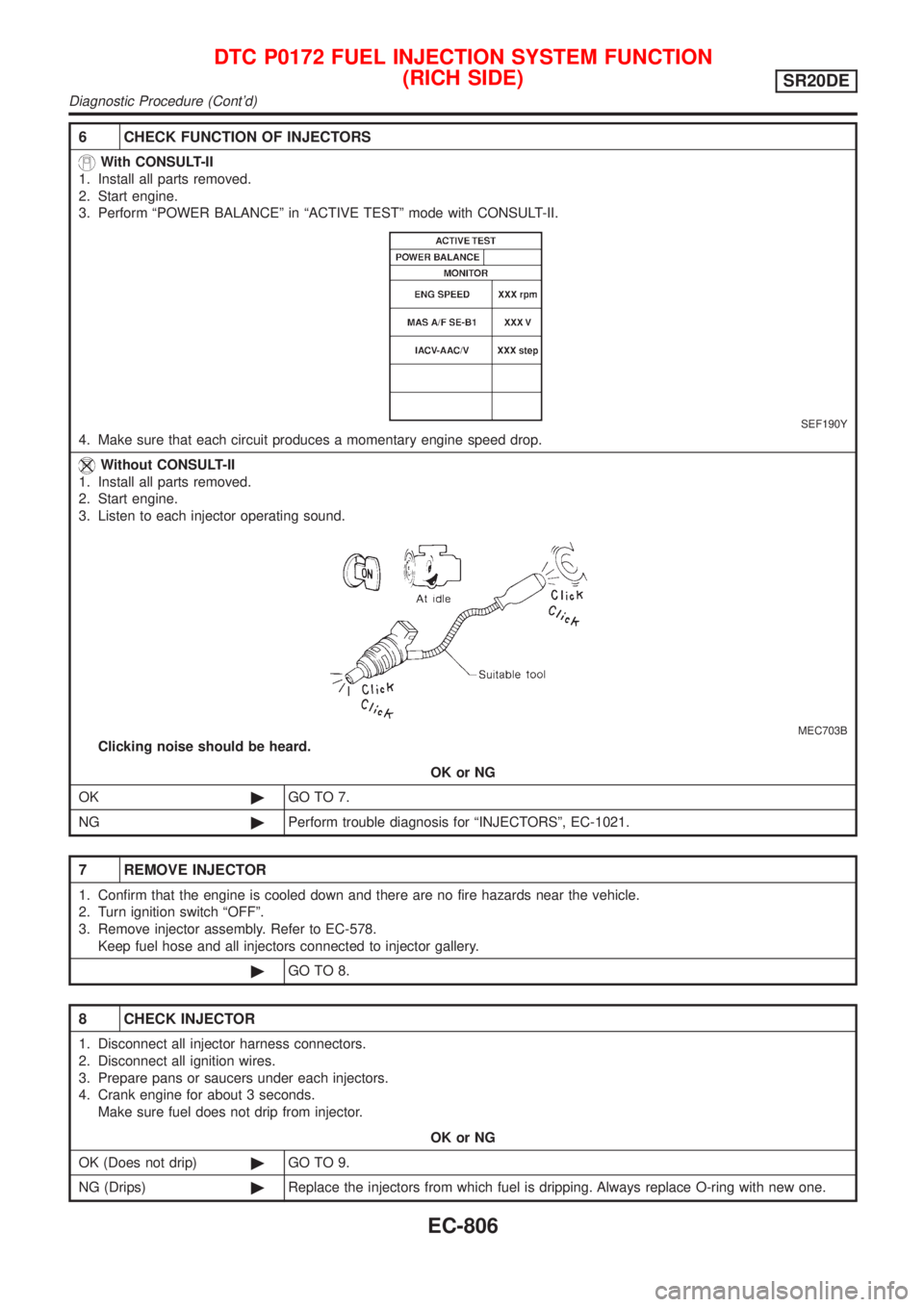 NISSAN ALMERA TINO 2001 Service Repair Manual 6 CHECK FUNCTION OF INJECTORS
With CONSULT-II
1. Install all parts removed.
2. Start engine.
3. Perform ªPOWER BALANCEº in ªACTIVE TESTº mode with CONSULT-II.
SEF190Y
4. Make sure that each circui NISSAN ALMERA TINO 2001 Service Repair Manual 6 CHECK FUNCTION OF INJECTORS
With CONSULT-II
1. Install all parts removed.
2. Start engine.
3. Perform ªPOWER BALANCEº in ªACTIVE TESTº mode with CONSULT-II.
SEF190Y
4. Make sure that each circui