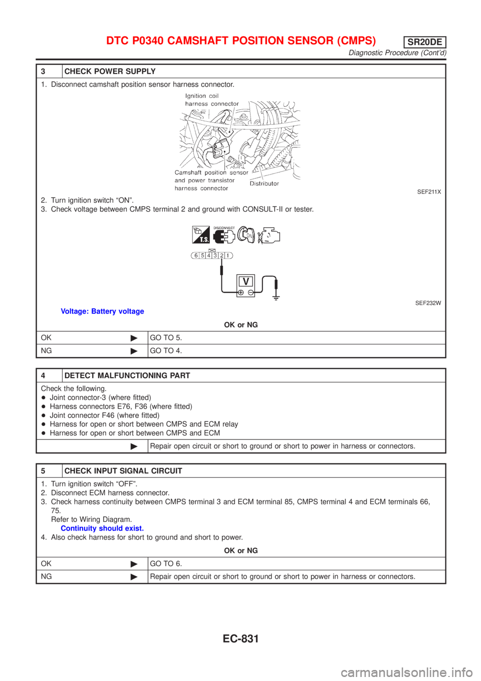 NISSAN ALMERA TINO 2001 Service Repair Manual 3 CHECK POWER SUPPLY
1. Disconnect camshaft position sensor harness connector.
SEF211X
2. Turn ignition switch ªONº.
3. Check voltage between CMPS terminal 2 and ground with CONSULT-II or tester.
SE NISSAN ALMERA TINO 2001 Service Repair Manual 3 CHECK POWER SUPPLY
1. Disconnect camshaft position sensor harness connector.
SEF211X
2. Turn ignition switch ªONº.
3. Check voltage between CMPS terminal 2 and ground with CONSULT-II or tester.
SE