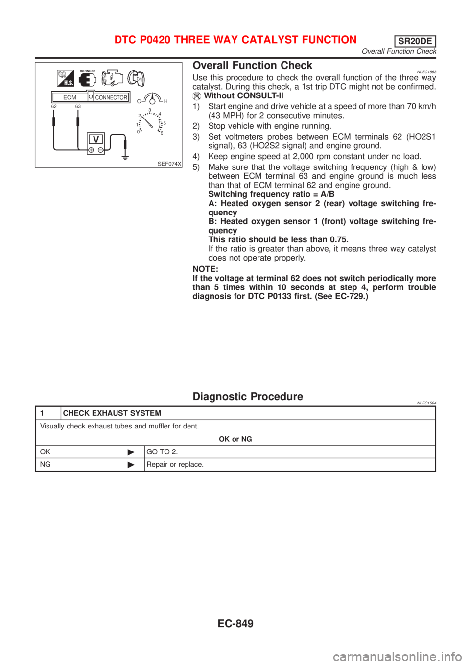 NISSAN ALMERA TINO 2001 Service Repair Manual SEF074X
Overall Function CheckNLEC1563Use this procedure to check the overall function of the three way
catalyst. During this check, a 1st trip DTC might not be confirmed.
Without CONSULT-II
1) Start NISSAN ALMERA TINO 2001 Service Repair Manual SEF074X
Overall Function CheckNLEC1563Use this procedure to check the overall function of the three way
catalyst. During this check, a 1st trip DTC might not be confirmed.
Without CONSULT-II
1) Start