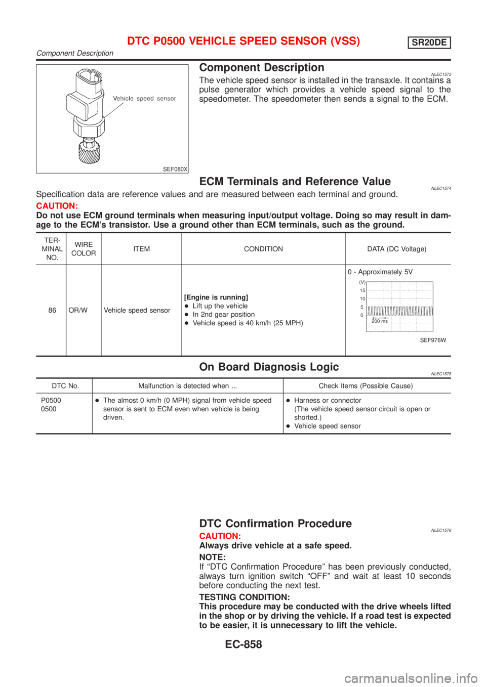 NISSAN ALMERA TINO 2001 Service Repair Manual SEF080X
Component DescriptionNLEC1573The vehicle speed sensor is installed in the transaxle. It contains a
pulse generator which provides a vehicle speed signal to the
speedometer. The speedometer the NISSAN ALMERA TINO 2001 Service Repair Manual SEF080X
Component DescriptionNLEC1573The vehicle speed sensor is installed in the transaxle. It contains a
pulse generator which provides a vehicle speed signal to the
speedometer. The speedometer the