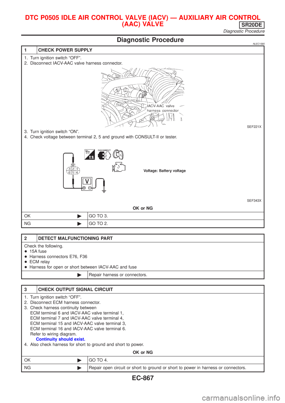 NISSAN ALMERA TINO 2001 Service Repair Manual Diagnostic ProcedureNLEC1585
1 CHECK POWER SUPPLY
1. Turn ignition switch ªOFFº.
2. Disconnect IACV-AAC valve harness connector.
SEF221X
3. Turn ignition switch ªONº.
4. Check voltage between term NISSAN ALMERA TINO 2001 Service Repair Manual Diagnostic ProcedureNLEC1585
1 CHECK POWER SUPPLY
1. Turn ignition switch ªOFFº.
2. Disconnect IACV-AAC valve harness connector.
SEF221X
3. Turn ignition switch ªONº.
4. Check voltage between term