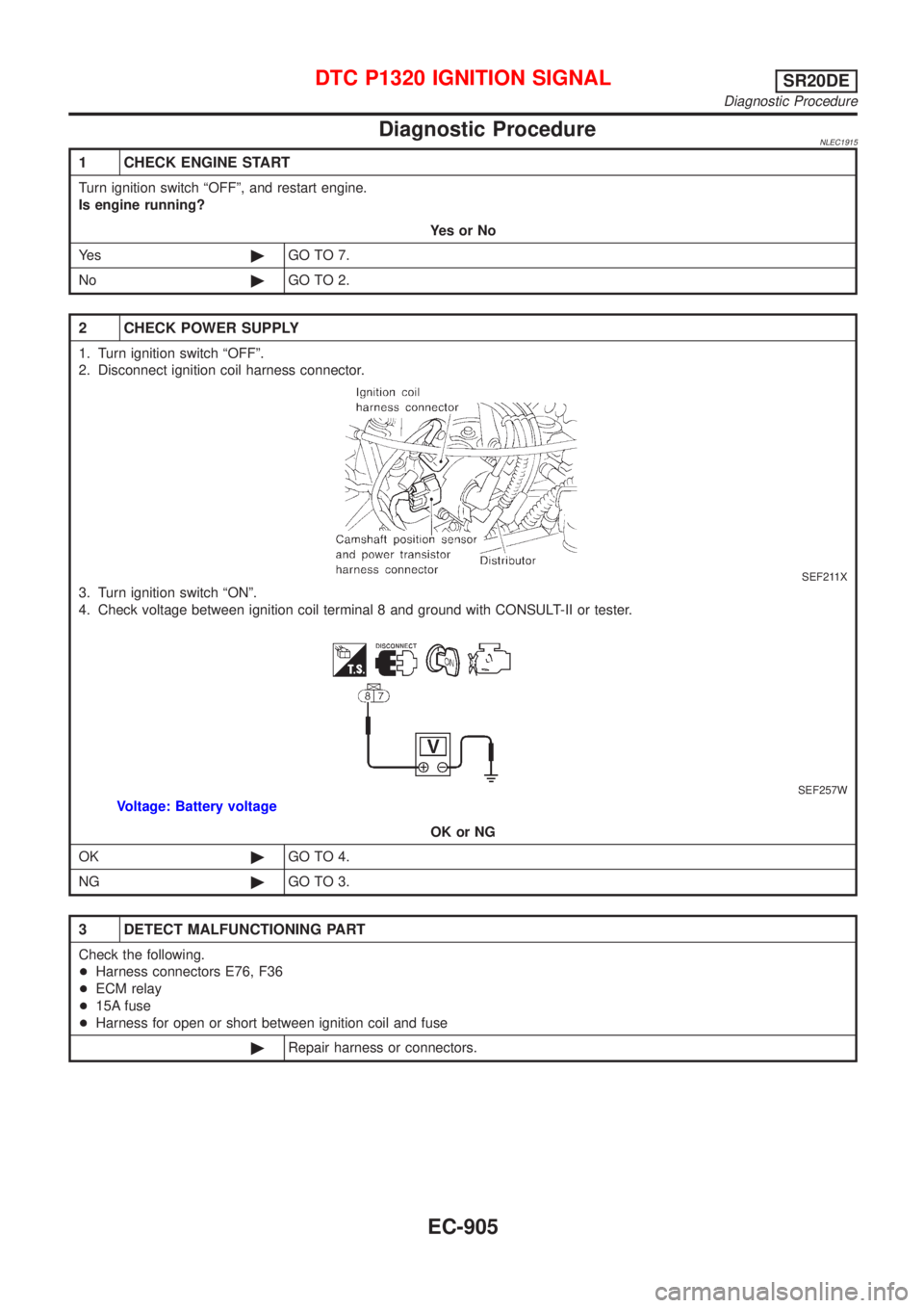 NISSAN ALMERA TINO 2001 Service Repair Manual Diagnostic ProcedureNLEC1915
1 CHECK ENGINE START
Turn ignition switch ªOFFº, and restart engine.
Is engine running?
YesorNo
Ye s©GO TO 7.
No©GO TO 2.
2 CHECK POWER SUPPLY
1. Turn ignition switch NISSAN ALMERA TINO 2001 Service Repair Manual Diagnostic ProcedureNLEC1915
1 CHECK ENGINE START
Turn ignition switch ªOFFº, and restart engine.
Is engine running?
YesorNo
Ye s©GO TO 7.
No©GO TO 2.
2 CHECK POWER SUPPLY
1. Turn ignition switch
