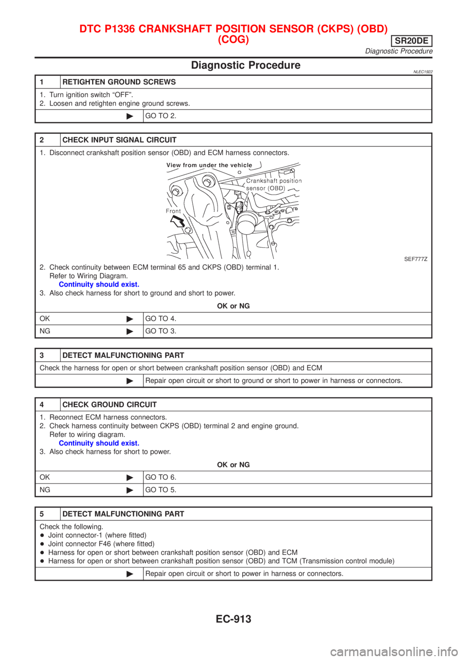NISSAN ALMERA TINO 2001 Service Repair Manual Diagnostic ProcedureNLEC1922
1 RETIGHTEN GROUND SCREWS
1. Turn ignition switch ªOFFº.
2. Loosen and retighten engine ground screws.
©GO TO 2.
2 CHECK INPUT SIGNAL CIRCUIT
1. Disconnect crankshaft p NISSAN ALMERA TINO 2001 Service Repair Manual Diagnostic ProcedureNLEC1922
1 RETIGHTEN GROUND SCREWS
1. Turn ignition switch ªOFFº.
2. Loosen and retighten engine ground screws.
©GO TO 2.
2 CHECK INPUT SIGNAL CIRCUIT
1. Disconnect crankshaft p