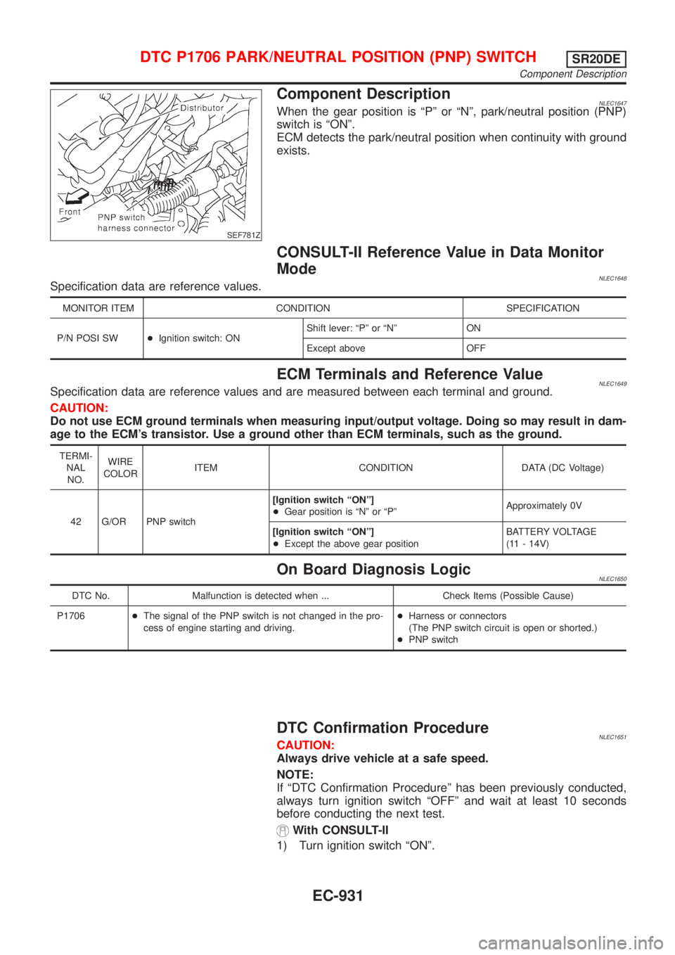NISSAN ALMERA TINO 2001 Service Repair Manual SEF781Z
Component DescriptionNLEC1647When the gear position is ªPº or ªNº, park/neutral position (PNP)
switch is ªONº.
ECM detects the park/neutral position when continuity with ground
exists.
C NISSAN ALMERA TINO 2001 Service Repair Manual SEF781Z
Component DescriptionNLEC1647When the gear position is ªPº or ªNº, park/neutral position (PNP)
switch is ªONº.
ECM detects the park/neutral position when continuity with ground
exists.
C