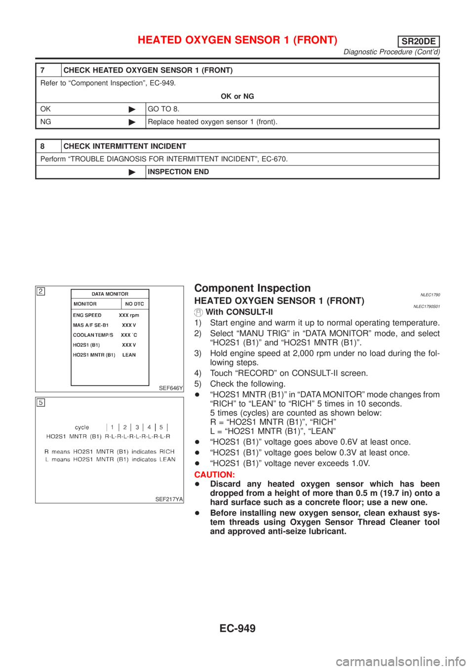 NISSAN ALMERA TINO 2001  Service Repair Manual 7 CHECK HEATED OXYGEN SENSOR 1 (FRONT)
Refer to ªComponent Inspectionº, EC-949.
OK or NG
OK©GO TO 8.
NG©Replace heated oxygen sensor 1 (front).
8 CHECK INTERMITTENT INCIDENT
Perform ªTROUBLE DIAG