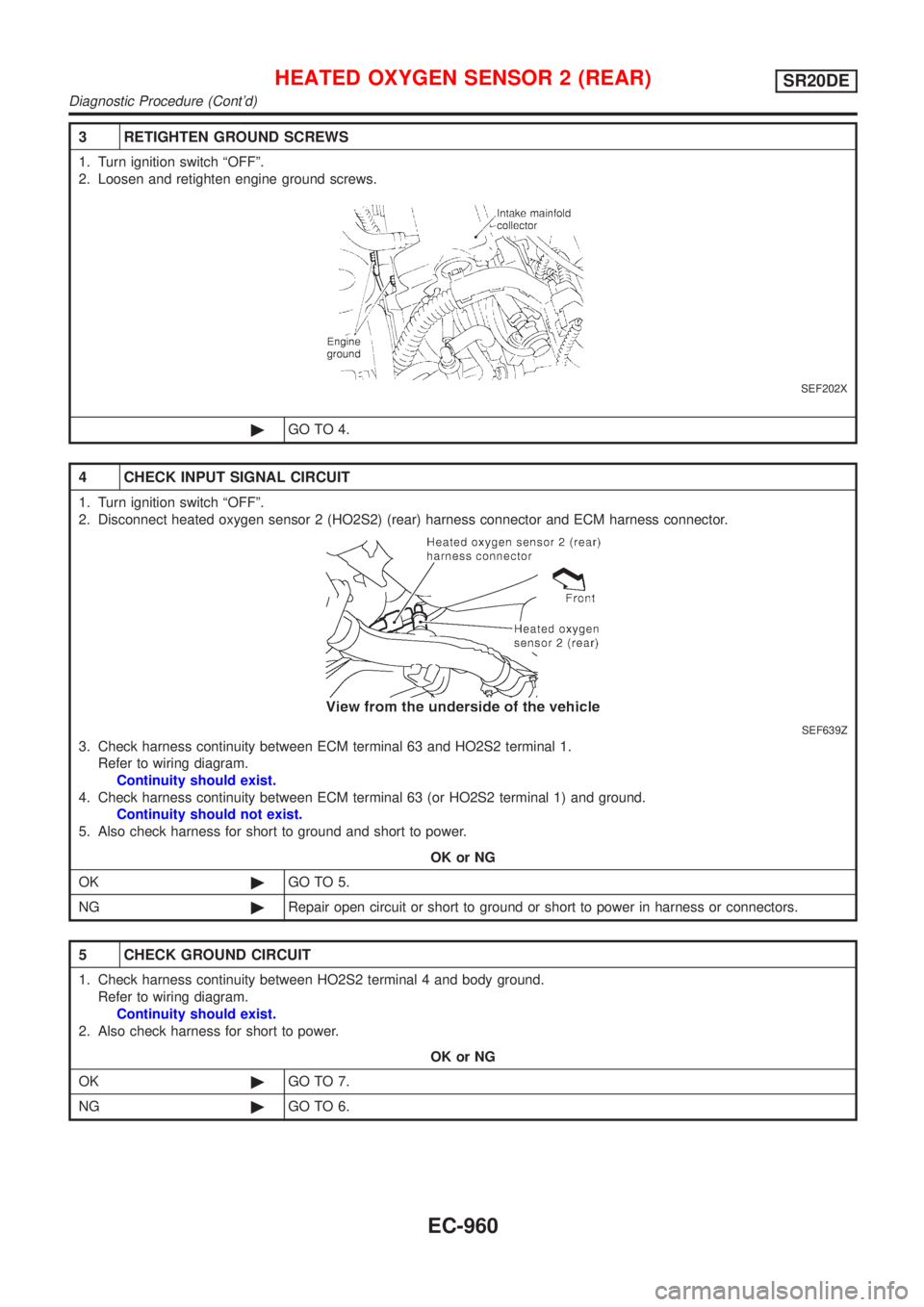 NISSAN ALMERA TINO 2001  Service Repair Manual 3 RETIGHTEN GROUND SCREWS
1. Turn ignition switch ªOFFº.
2. Loosen and retighten engine ground screws.
SEF202X
©GO TO 4.
4 CHECK INPUT SIGNAL CIRCUIT
1. Turn ignition switch ªOFFº.
2. Disconnect 