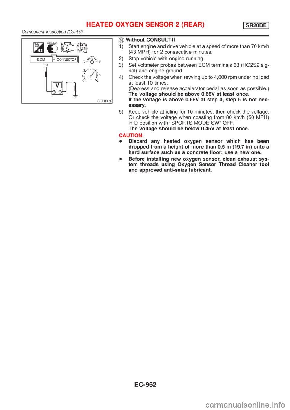 NISSAN ALMERA TINO 2001  Service Repair Manual SEF032X
Without CONSULT-II
1) Start engine and drive vehicle at a speed of more than 70 km/h
(43 MPH) for 2 consecutive minutes.
2) Stop vehicle with engine running.
3) Set voltmeter probes between EC