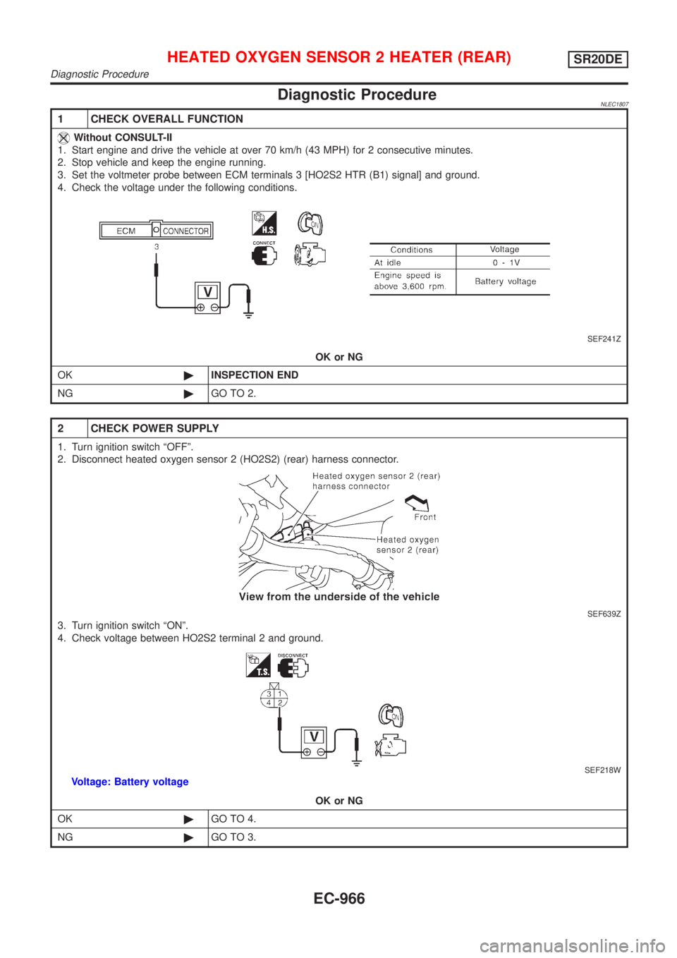 NISSAN ALMERA TINO 2001  Service Repair Manual Diagnostic ProcedureNLEC1807
1 CHECK OVERALL FUNCTION
Without CONSULT-II
1. Start engine and drive the vehicle at over 70 km/h (43 MPH) for 2 consecutive minutes.
2. Stop vehicle and keep the engine r