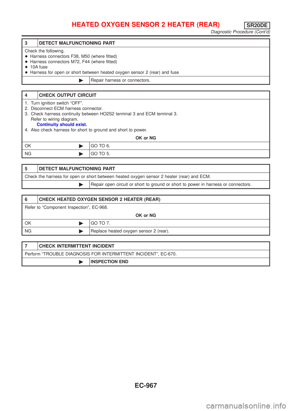 NISSAN ALMERA TINO 2001  Service Repair Manual 3 DETECT MALFUNCTIONING PART
Check the following.
+Harness connectors F38, M50 (where fitted)
+Harness connectors M72, F44 (where fitted)
+10A fuse
+Harness for open or short between heated oxygen sen
