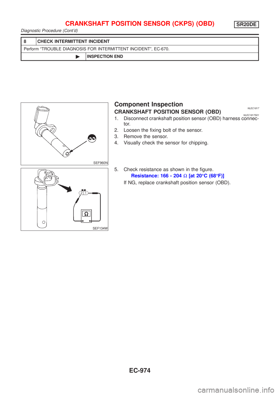 NISSAN ALMERA TINO 2001  Service Repair Manual 8 CHECK INTERMITTENT INCIDENT
Perform ªTROUBLE DIAGNOSIS FOR INTERMITTENT INCIDENTº, EC-670.
©INSPECTION END
SEF960N
Component InspectionNLEC1817CRANKSHAFT POSITION SENSOR (OBD)NLEC1817S011. Discon
