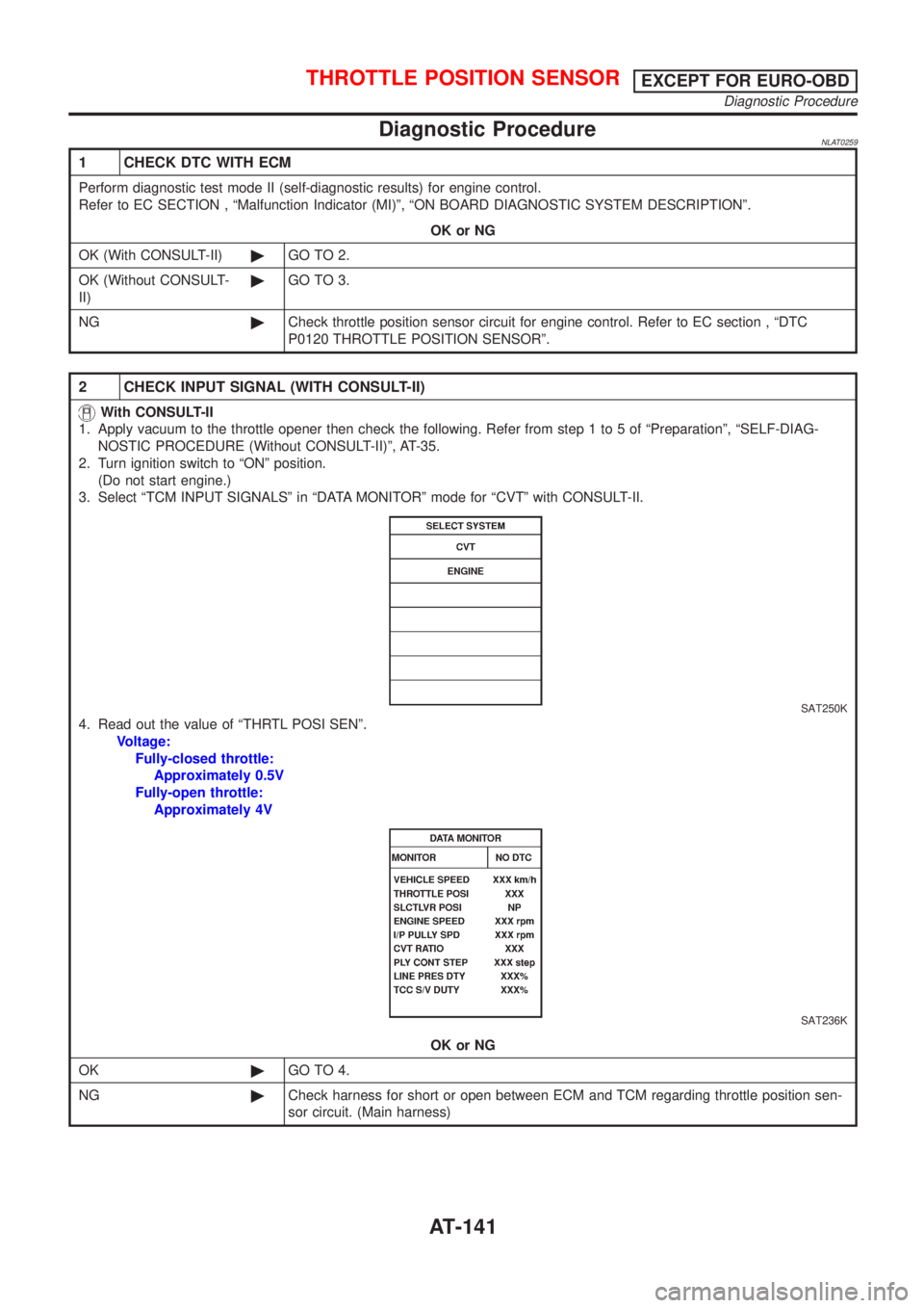 NISSAN ALMERA TINO 2001 Service Repair Manual Diagnostic ProcedureNLAT0259
1 CHECK DTC WITH ECM
Perform diagnostic test mode II (self-diagnostic results) for engine control.
Refer to EC SECTION , ªMalfunction Indicator (MI)º, ªON BOARD DIAGNOS NISSAN ALMERA TINO 2001 Service Repair Manual Diagnostic ProcedureNLAT0259
1 CHECK DTC WITH ECM
Perform diagnostic test mode II (self-diagnostic results) for engine control.
Refer to EC SECTION , ªMalfunction Indicator (MI)º, ªON BOARD DIAGNOS