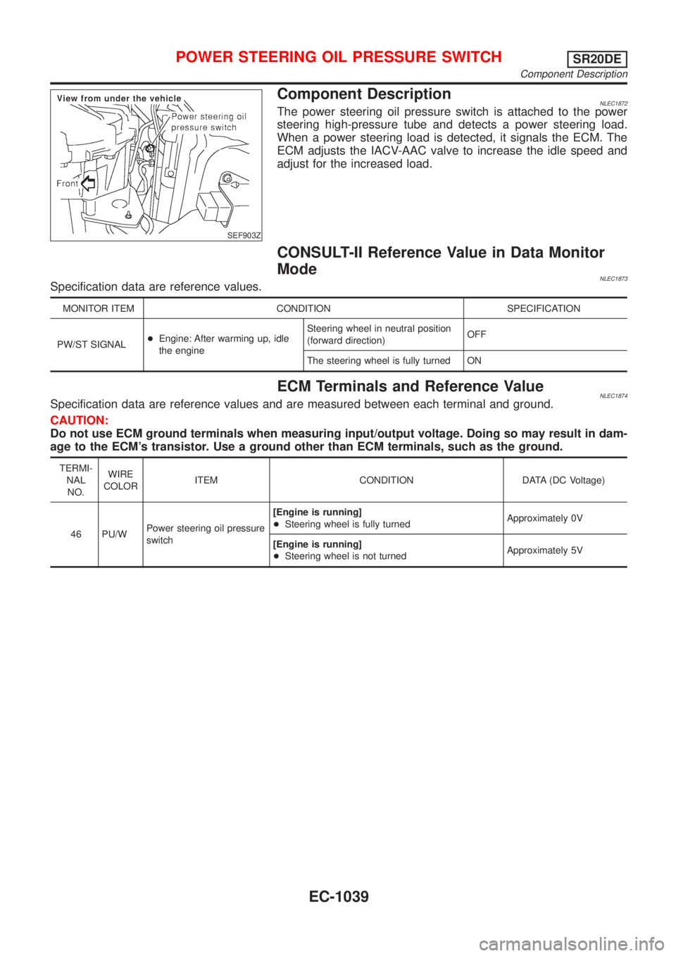 NISSAN ALMERA TINO 2001 Service Repair Manual SEF903Z
Component DescriptionNLEC1872The power steering oil pressure switch is attached to the power
steering high-pressure tube and detects a power steering load.
When a power steering load is detect NISSAN ALMERA TINO 2001 Service Repair Manual SEF903Z
Component DescriptionNLEC1872The power steering oil pressure switch is attached to the power
steering high-pressure tube and detects a power steering load.
When a power steering load is detect