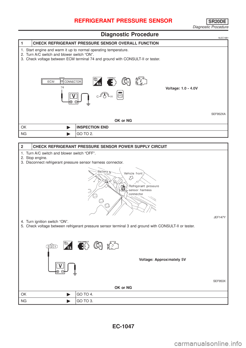 NISSAN ALMERA TINO 2001 Service Repair Manual Diagnostic ProcedureNLEC1881
1 CHECK REFRIGERANT PRESSURE SENSOR OVERALL FUNCTION
1. Start engine and warm it up to normal operating temperature.
2. Turn A/C switch and blower switch ªONº.
3. Check NISSAN ALMERA TINO 2001 Service Repair Manual Diagnostic ProcedureNLEC1881
1 CHECK REFRIGERANT PRESSURE SENSOR OVERALL FUNCTION
1. Start engine and warm it up to normal operating temperature.
2. Turn A/C switch and blower switch ªONº.
3. Check