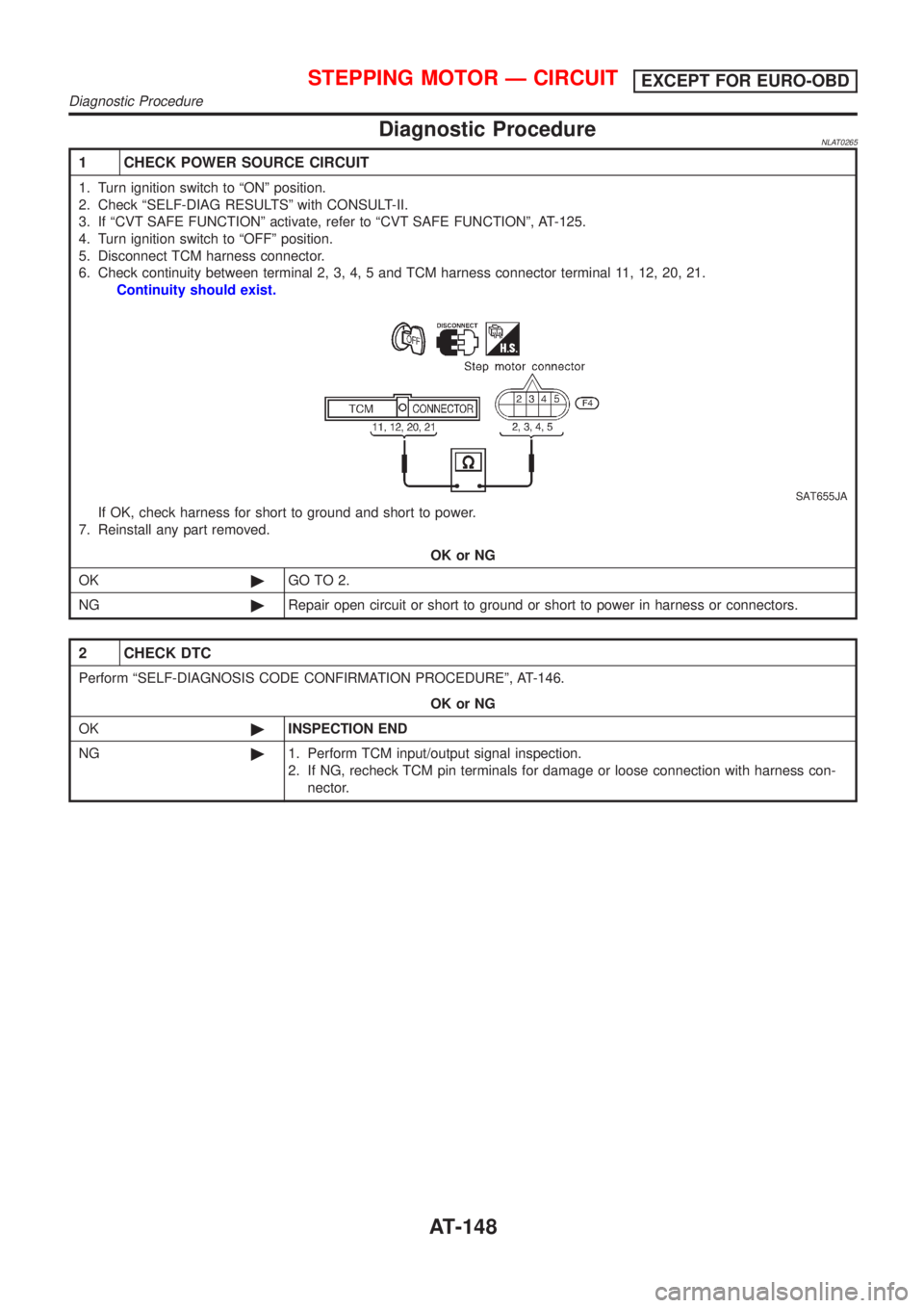 NISSAN ALMERA TINO 2001 Service Repair Manual Diagnostic ProcedureNLAT0265
1 CHECK POWER SOURCE CIRCUIT
1. Turn ignition switch to ªONº position.
2. Check ªSELF-DIAG RESULTSº with CONSULT-II.
3. If ªCVT SAFE FUNCTIONº activate, refer to ªC NISSAN ALMERA TINO 2001 Service Repair Manual Diagnostic ProcedureNLAT0265
1 CHECK POWER SOURCE CIRCUIT
1. Turn ignition switch to ªONº position.
2. Check ªSELF-DIAG RESULTSº with CONSULT-II.
3. If ªCVT SAFE FUNCTIONº activate, refer to ªC