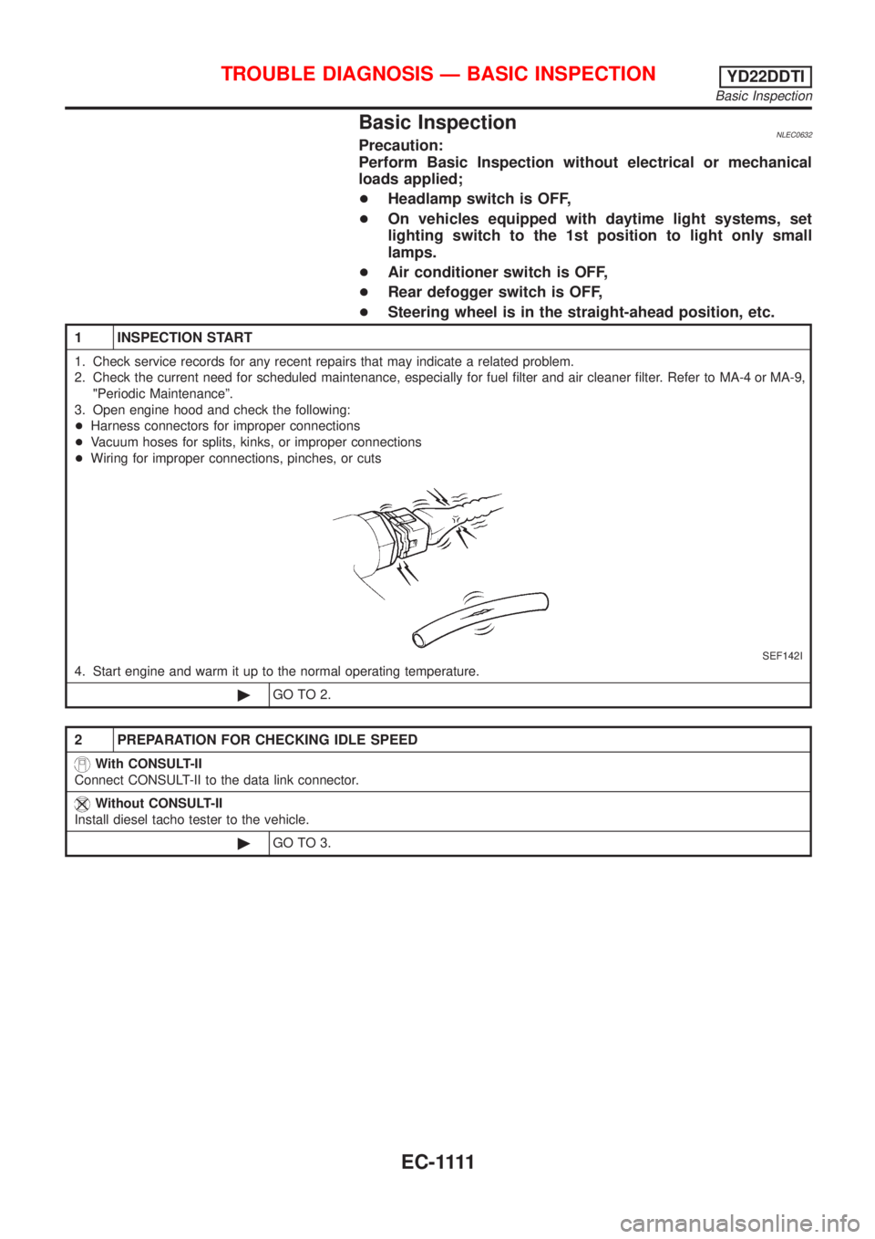 NISSAN ALMERA TINO 2001  Service Repair Manual BasicInspection
1  INSPECTIO NSTART
SEF142I
2   PREPAR ATIO NFO RCHECKIN GIDL ESPEED
Wit hCONSU LT -II
Withou tCONSU LT -II
Basic Inspection 