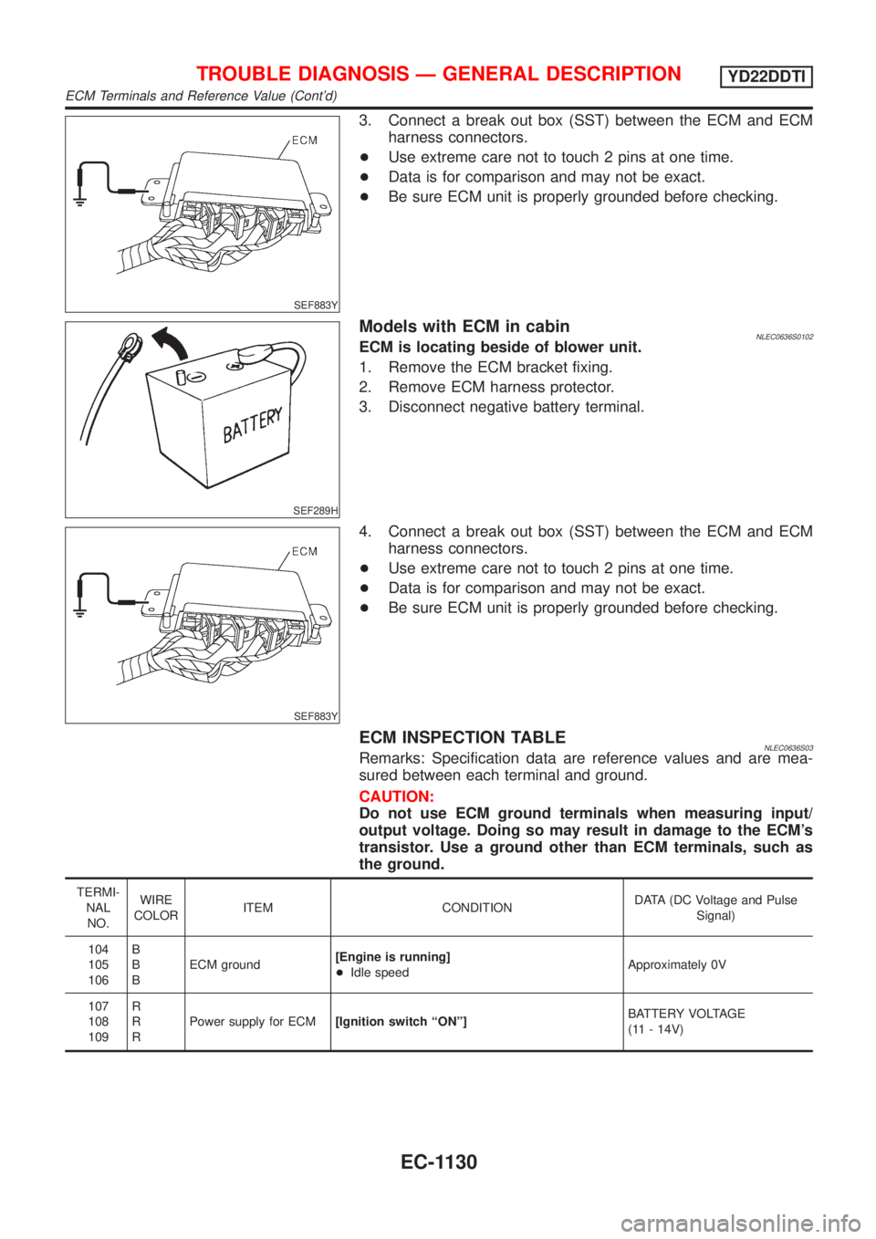 NISSAN ALMERA TINO 2001  Service Repair Manual SEF883Y
3. Connect a break out box (SST) between the ECM and ECM
harness connectors.
+Use extreme care not to touch 2 pins at one time.
+Data is for comparison and may not be exact.
+Be sure ECM unit 