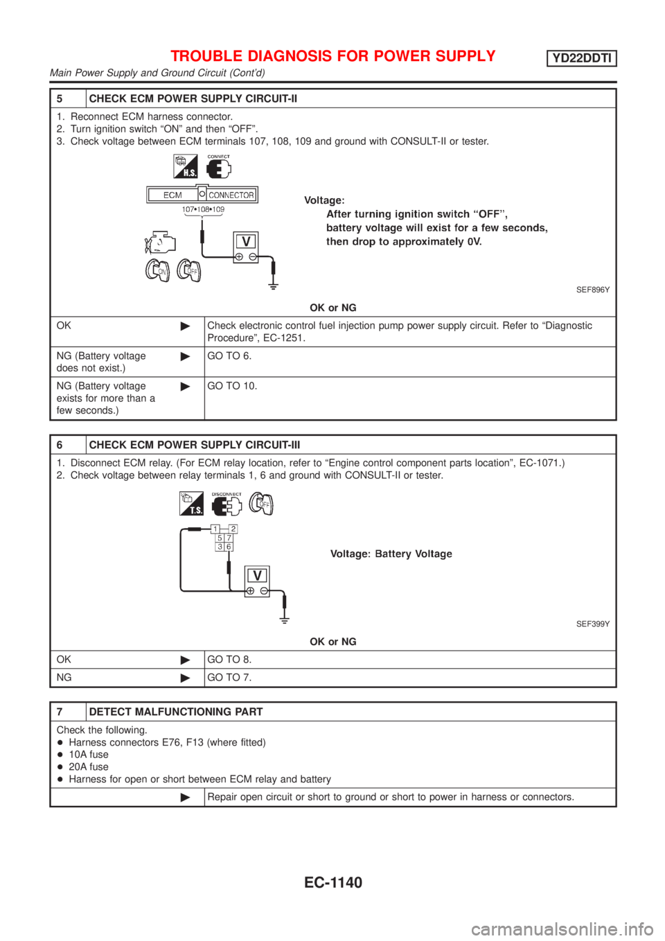 NISSAN ALMERA TINO 2001  Service Repair Manual 5 CHECK ECM POWER SUPPLY CIRCUIT-II
1. Reconnect ECM harness connector.
2. Turn ignition switch ªONº and then ªOFFº.
3. Check voltage between ECM terminals 107, 108, 109 and ground with CONSULT-II
