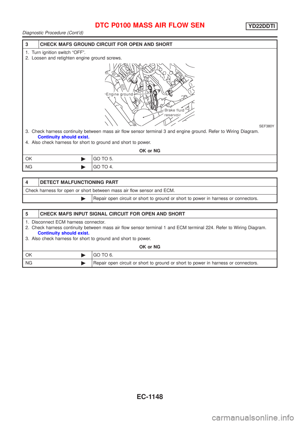 NISSAN ALMERA TINO 2001  Service Repair Manual 3 CHECK MAFS GROUND CIRCUIT FOR OPEN AND SHORT
1. Turn ignition switch ªOFFº.
2. Loosen and retighten engine ground screws.
SEF380Y
3. Check harness continuity between mass air flow sensor terminal 
