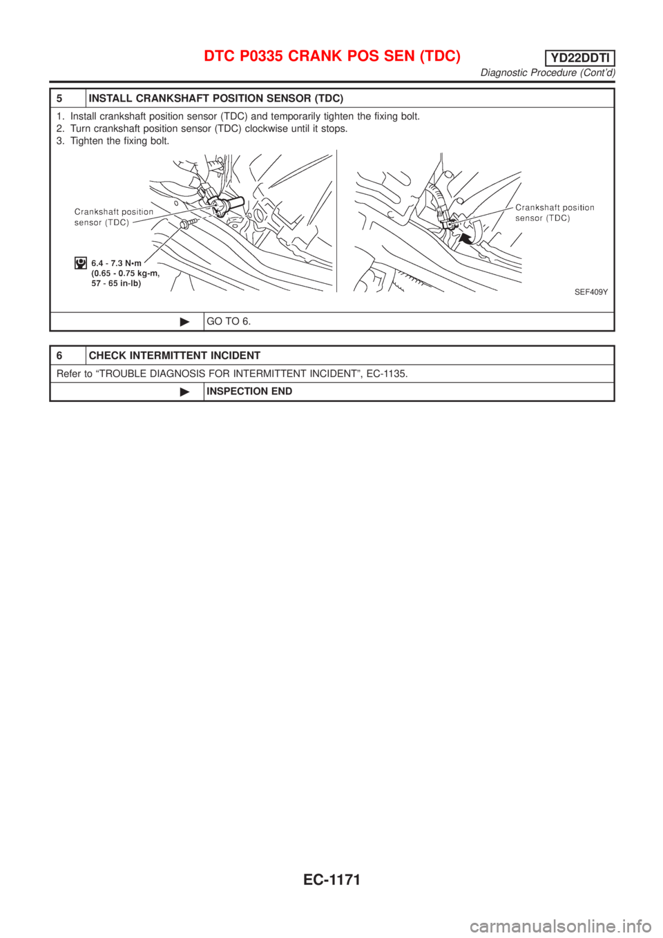 NISSAN ALMERA TINO 2001  Service Repair Manual 5 INSTALL CRANKSHAFT POSITION SENSOR (TDC)
1. Install crankshaft position sensor (TDC) and temporarily tighten the fixing bolt.
2. Turn crankshaft position sensor (TDC) clockwise until it stops.
3. Ti