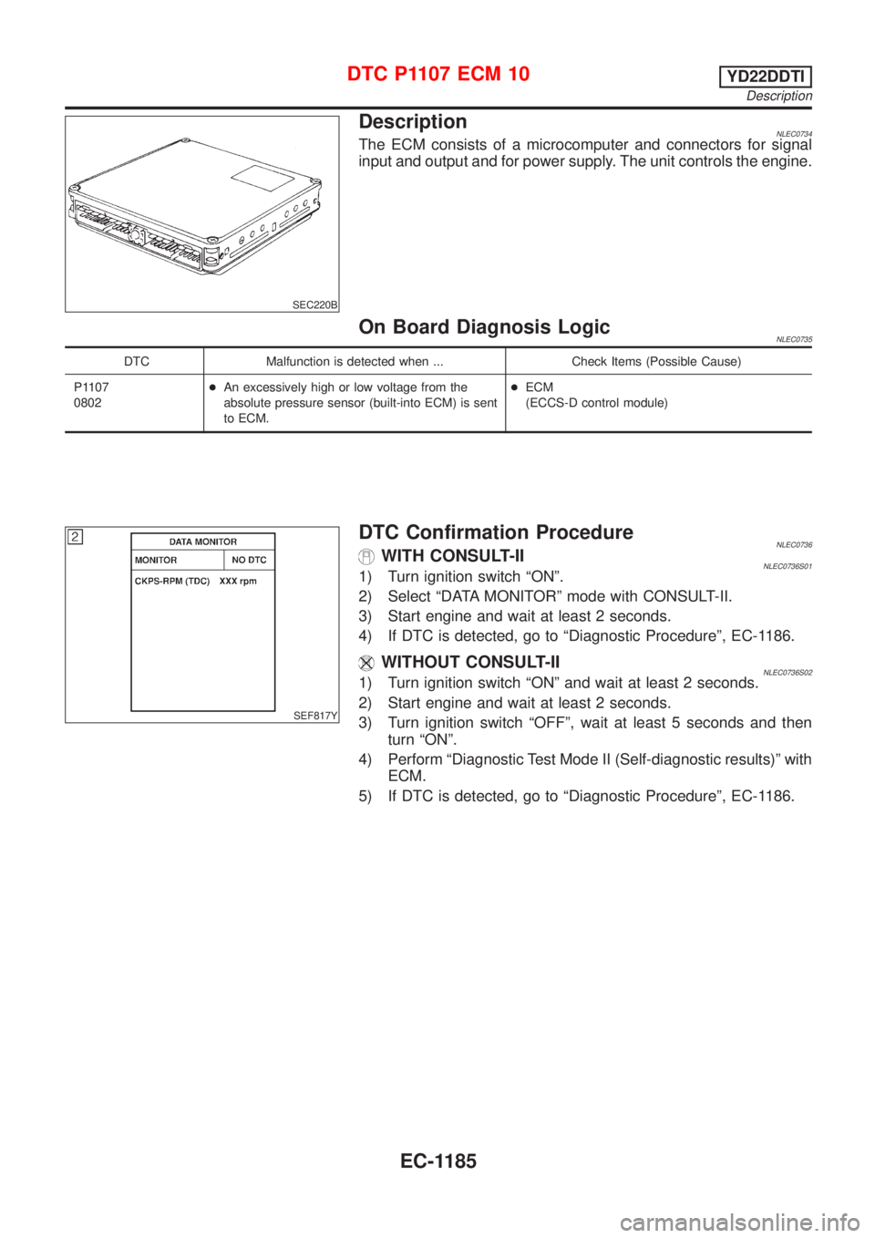 NISSAN ALMERA TINO 2001  Service Repair Manual SEC220B
DescriptionNLEC0734The ECM consists of a microcomputer and connectors for signal
input and output and for power supply. The unit controls the engine.
On Board Diagnosis LogicNLEC0735
DTC Malfu