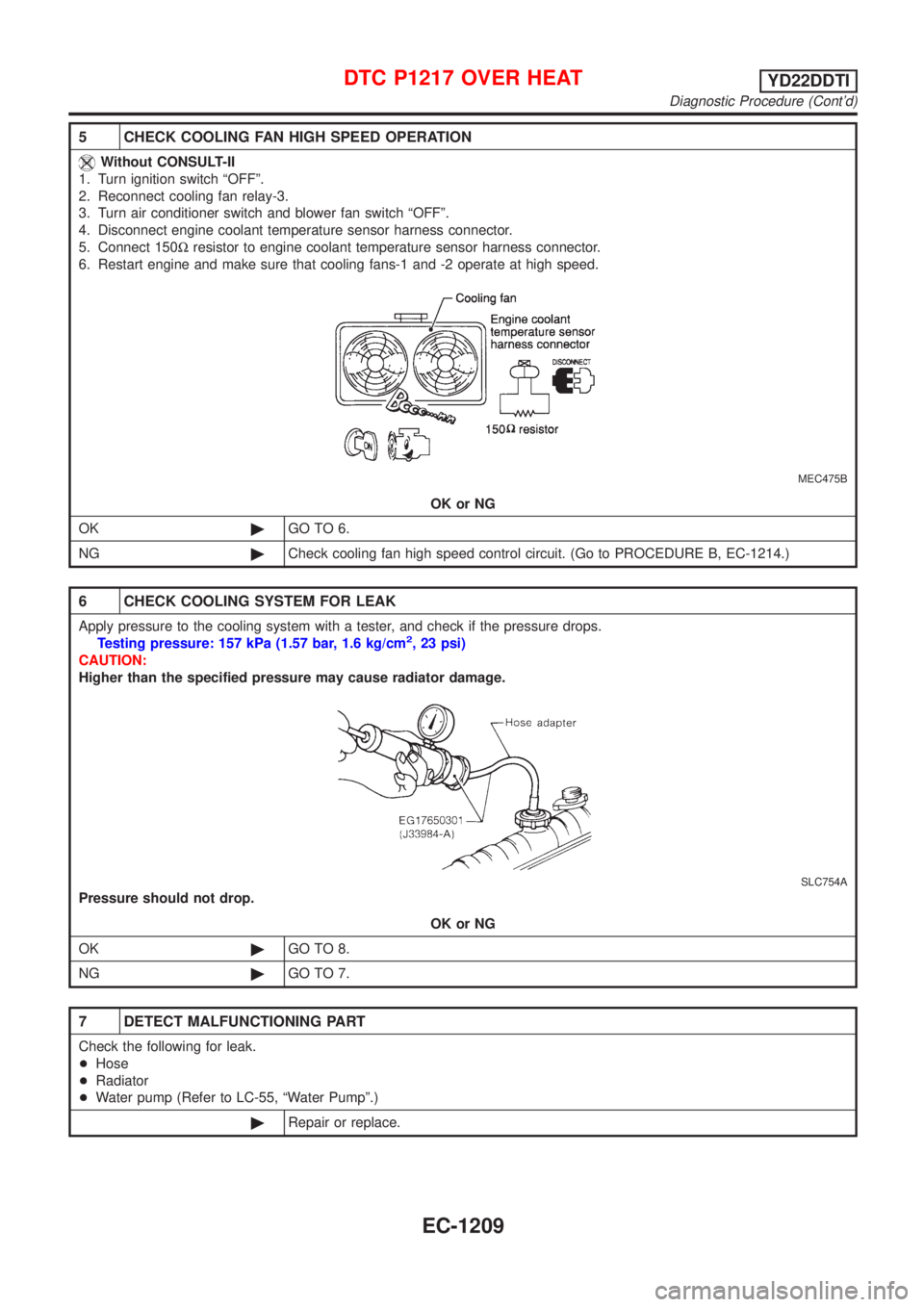 NISSAN ALMERA TINO 2001  Service Repair Manual 5 CHECK COOLING FAN HIGH SPEED OPERATION
Without CONSULT-II
1. Turn ignition switch ªOFFº.
2. Reconnect cooling fan relay-3.
3. Turn air conditioner switch and blower fan switch ªOFFº.
4. Disconne