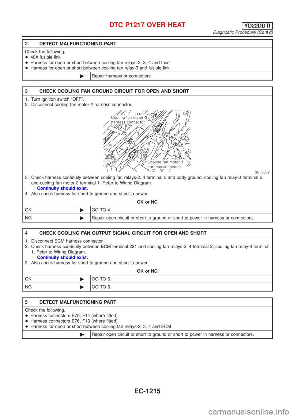 NISSAN ALMERA TINO 2001  Service Repair Manual 2 DETECT MALFUNCTIONING PART
Check the following.
+40A fusible link
+Harness for open or short between cooling fan relays-2, 3, 4 and fuse
+Harness for open or short between cooling fan relay-3 and fu