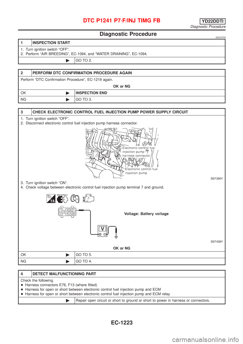 NISSAN ALMERA TINO 2001  Service Repair Manual Diagnostic ProcedureNLEC0733
1 INSPECTION START
1. Turn ignition switch ªOFFº.
2. Perform ªAIR BREEDINGº, EC-1094, and ªWATER DRAININGº, EC-1094.
©GO TO 2.
2 PERFORM DTC CONFIRMATION PROCEDURE 