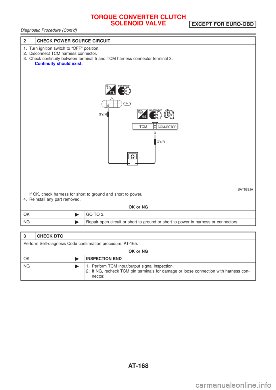 NISSAN ALMERA TINO 2001  Service Repair Manual 2 CHECK POWER SOURCE CIRCUIT
1. Turn ignition switch to ªOFFº position.
2. Disconnect TCM harness connector.
3. Check continuity between terminal 5 and TCM harness connector terminal 3.
Continuity s