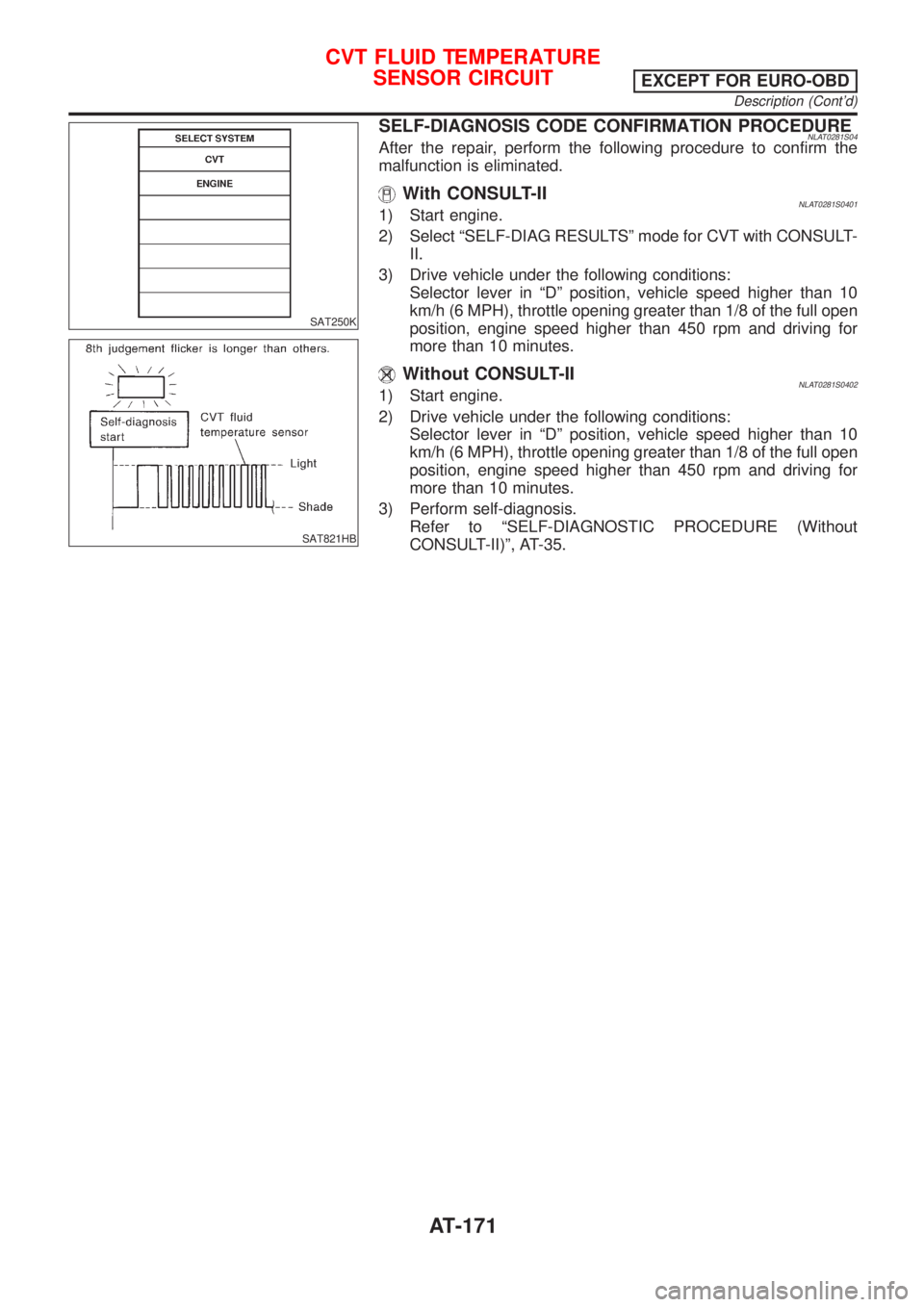 NISSAN ALMERA TINO 2001  Service Repair Manual SAT250K
SAT821HB
SELF-DIAGNOSIS CODE CONFIRMATION PROCEDURENLAT0281S04After the repair, perform the following procedure to confirm the
malfunction is eliminated.
With CONSULT-IINLAT0281S04011) Start e