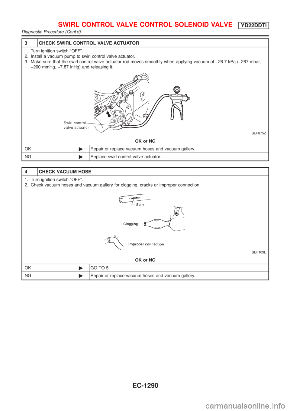 NISSAN ALMERA TINO 2001  Service Repair Manual 3 CHECK SWIRL CONTROL VALVE ACTUATOR
1. Turn ignition switch ªOFFº.
2. Install a vacuum pump to swirl control valve actuator.
3. Make sure that the swirl control valve actuator rod moves smoothly wh