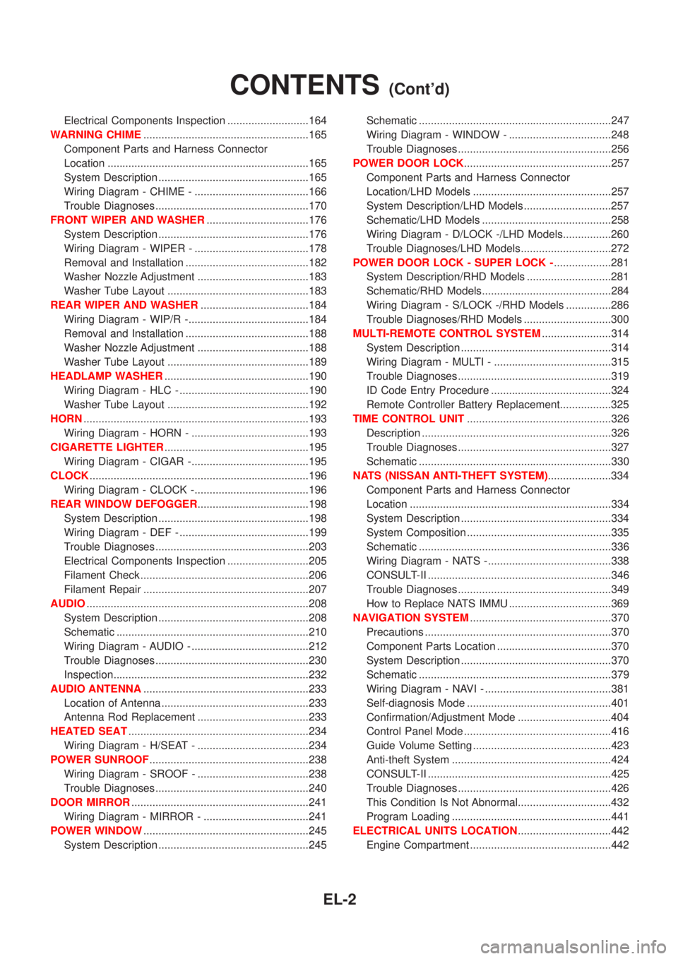 NISSAN ALMERA TINO 2001  Service Repair Manual Electrical Components Inspection ...........................164
WARNING CHIME.......................................................165
Component Parts and Harness Connector
Location .................