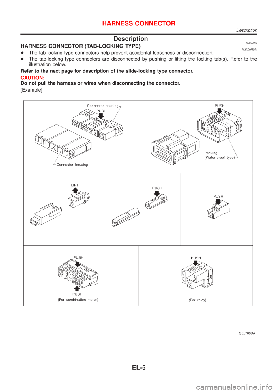 NISSAN ALMERA TINO 2001 Service Repair Manual DescriptionNLEL0003HARNESS CONNECTOR (TAB-LOCKING TYPE)NLEL0003S01+The tab-locking type connectors help prevent accidental looseness or disconnection.
+The tab-locking type connectors are disconnected NISSAN ALMERA TINO 2001 Service Repair Manual DescriptionNLEL0003HARNESS CONNECTOR (TAB-LOCKING TYPE)NLEL0003S01+The tab-locking type connectors help prevent accidental looseness or disconnection.
+The tab-locking type connectors are disconnected