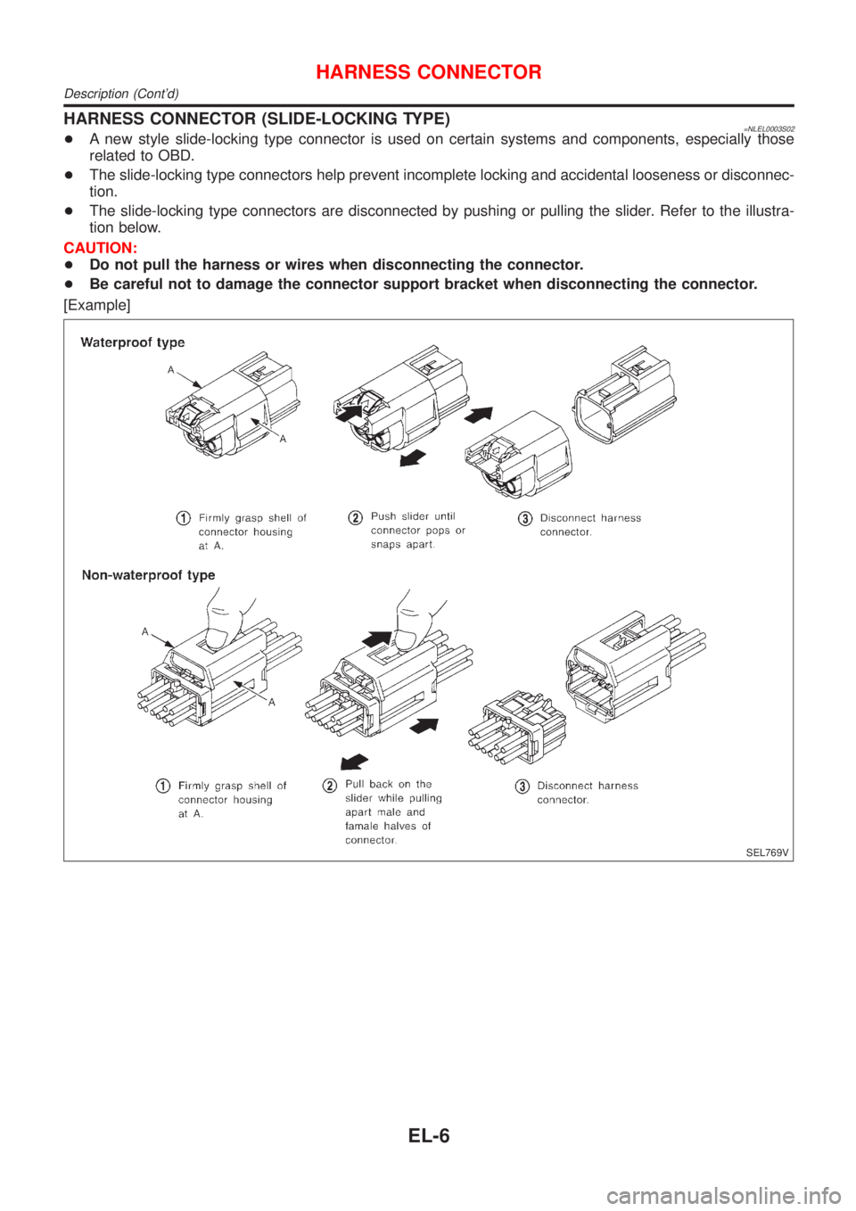 NISSAN ALMERA TINO 2001 Service Repair Manual HARNESS CONNECTOR (SLIDE-LOCKING TYPE)=NLEL0003S02+A new style slide-locking type connector is used on certain systems and components, especially those
related to OBD.
+The slide-locking type connecto NISSAN ALMERA TINO 2001 Service Repair Manual HARNESS CONNECTOR (SLIDE-LOCKING TYPE)=NLEL0003S02+A new style slide-locking type connector is used on certain systems and components, especially those
related to OBD.
+The slide-locking type connecto