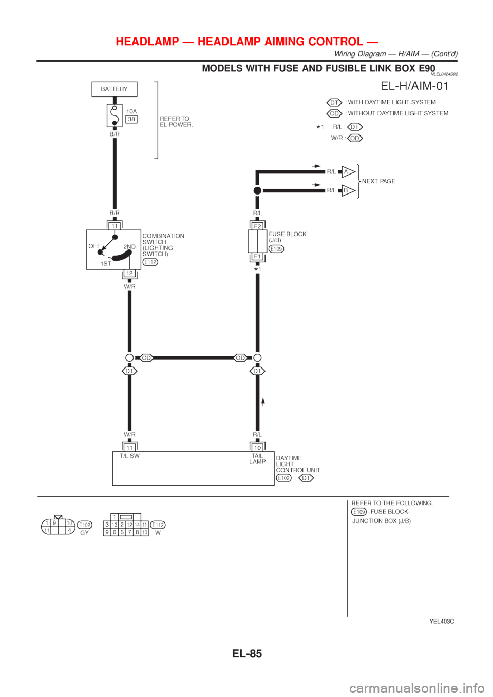 NISSAN ALMERA TINO 2001 Service Repair Manual MODELS WITH FUSE AND FUSIBLE LINK BOX E90NLEL0424S02
YEL403C
HEADLAMP Ð HEADLAMP AIMING CONTROL Ð
Wiring Diagram Ð H/AIM Ð (Contd)
EL-85 NISSAN ALMERA TINO 2001 Service Repair Manual MODELS WITH FUSE AND FUSIBLE LINK BOX E90NLEL0424S02
YEL403C
HEADLAMP Ð HEADLAMP AIMING CONTROL Ð
Wiring Diagram Ð H/AIM Ð (Contd)
EL-85