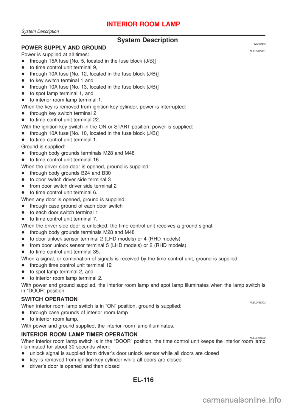 NISSAN ALMERA TINO 2001  Service Repair Manual System DescriptionNLEL0435POWER SUPPLY AND GROUNDNLEL0435S01Power is supplied at all times:
+through 15A fuse [No. 5, located in the fuse block (J/B)]
+to time control unit terminal 9,
+through 10A fu