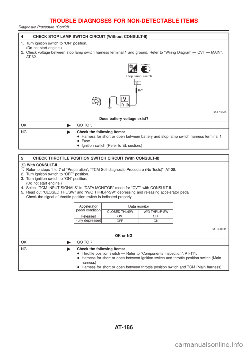 NISSAN ALMERA TINO 2001  Service Repair Manual 4 CHECK STOP LAMP SWITCH CIRCUIT (Without CONSULT-II)
1. Turn ignition switch to ªONº position.
(Do not start engine.)
2. Check voltage between stop lamp switch harness terminal 1 and ground. Refer 