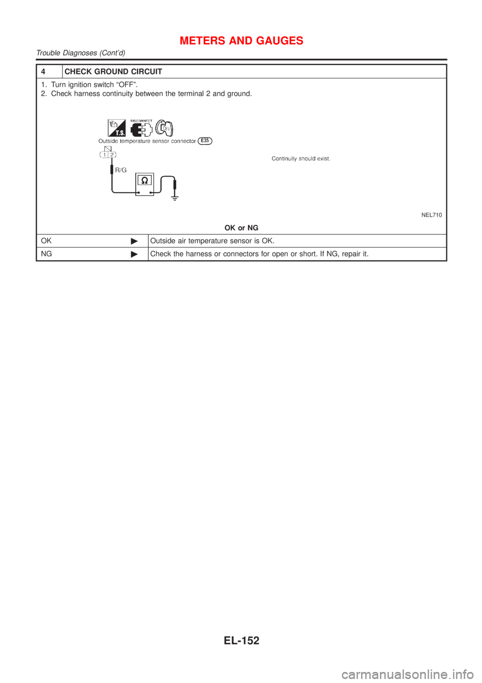 NISSAN ALMERA TINO 2001  Service Repair Manual 4 CHECK GROUND CIRCUIT
1. Turn ignition switch ªOFFº.
2. Check harness continuity between the terminal 2 and ground.
NEL710
OK or NG
OK©Outside air temperature sensor is OK.
NG©Check the harness o