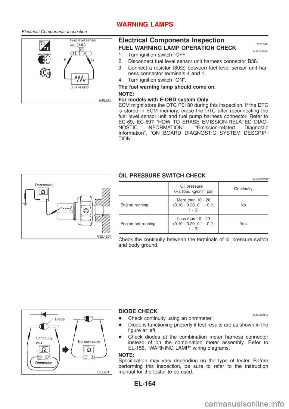 NISSAN ALMERA TINO 2001  Service Repair Manual NEL664
Electrical Components InspectionNLEL0051FUEL WARNING LAMP OPERATION CHECKNLEL0051S011. Turn ignition switch ªOFFº.
2. Disconnect fuel level sensor unit harness connector B38.
3. Connect a res