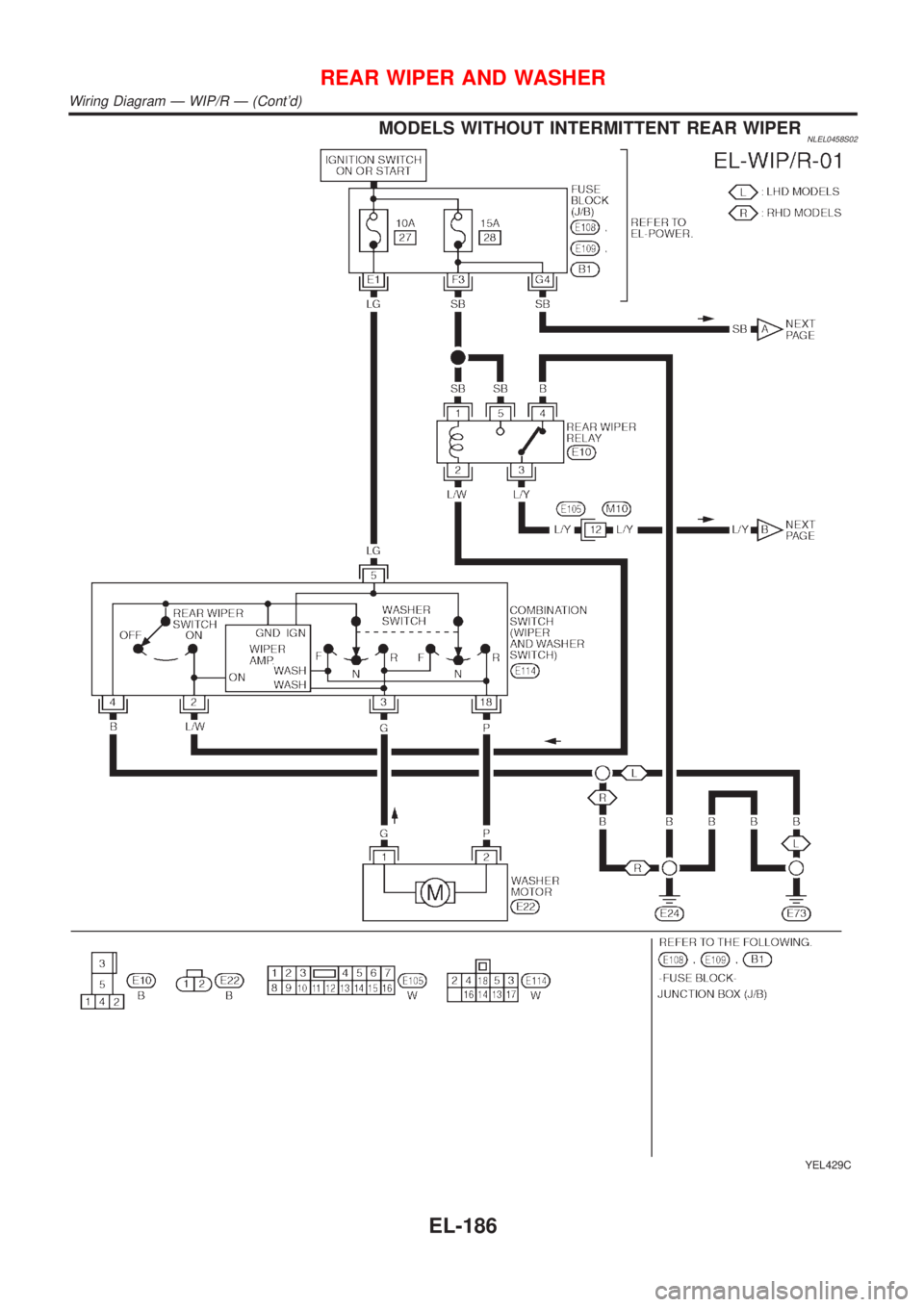 NISSAN ALMERA TINO 2001  Service Repair Manual MODELS WITHOUT INTERMITTENT REAR WIPERNLEL0458S02
YEL429C
REAR WIPER AND WASHER
Wiring Diagram Ð WIP/R Ð (Contd)
EL-186 