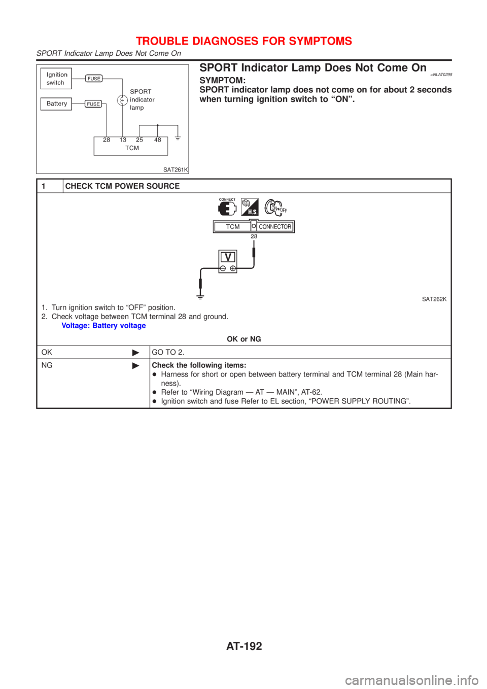 NISSAN ALMERA TINO 2001  Service Repair Manual SAT261K
SPORT Indicator Lamp Does Not Come On=NLAT0295SYMPTOM:
SPORT indicator lamp does not come on for about 2 seconds
when turning ignition switch to ªONº.
1 CHECK TCM POWER SOURCE
SAT262K
1. Tur