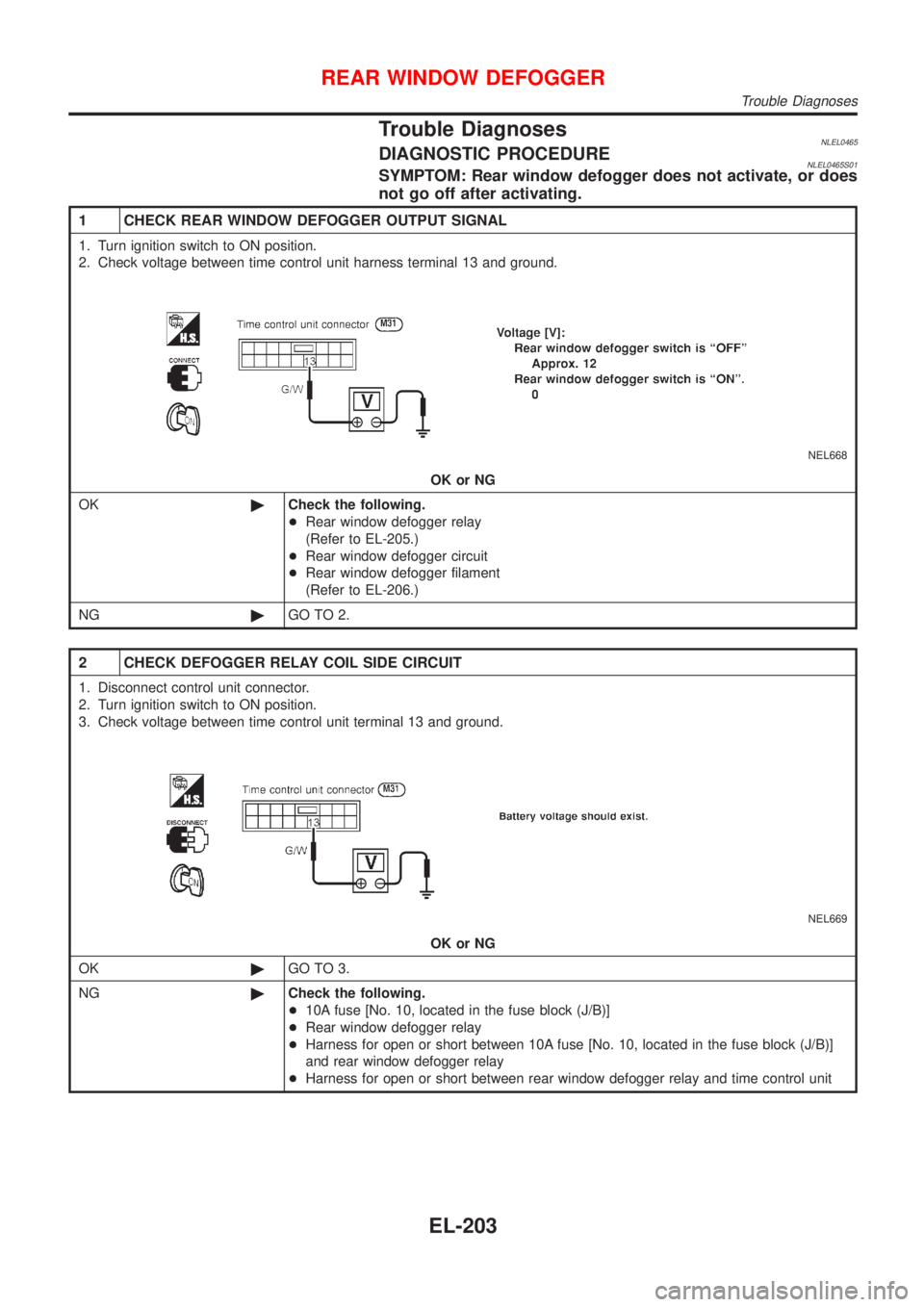NISSAN ALMERA TINO 2001  Service Repair Manual Trouble DiagnosesNLEL0465DIAGNOSTIC PROCEDURENLEL0465S01SYMPTOM: Rear window defogger does not activate, or does
not go off after activating.
1 CHECK REAR WINDOW DEFOGGER OUTPUT SIGNAL
1. Turn ignitio