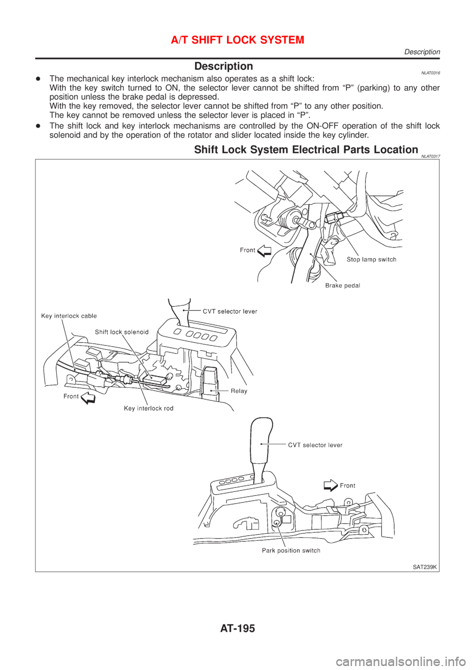 NISSAN ALMERA TINO 2001  Service Repair Manual DescriptionNLAT0316+The mechanical key interlock mechanism also operates as a shift lock:
With the key switch turned to ON, the selector lever cannot be shifted from ªPº (parking) to any other
posit